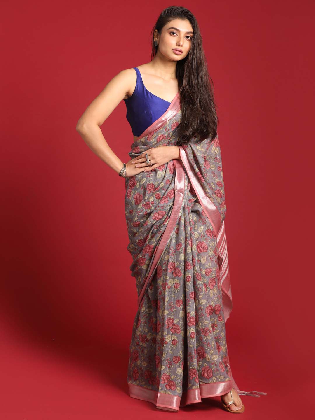 Indethnic Grey Liva Printed Saree - View 2