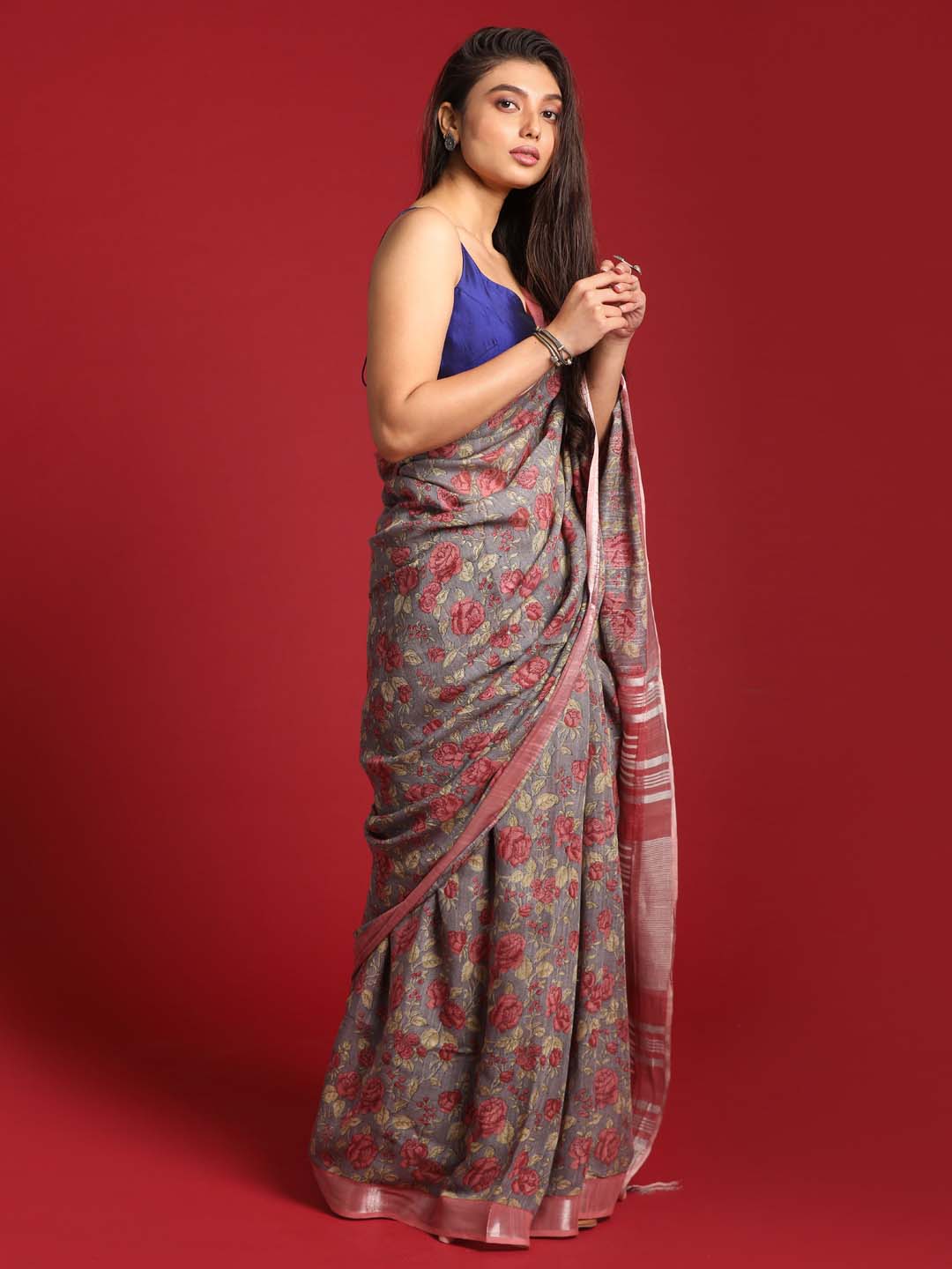 Indethnic Grey Liva Printed Saree - View 3