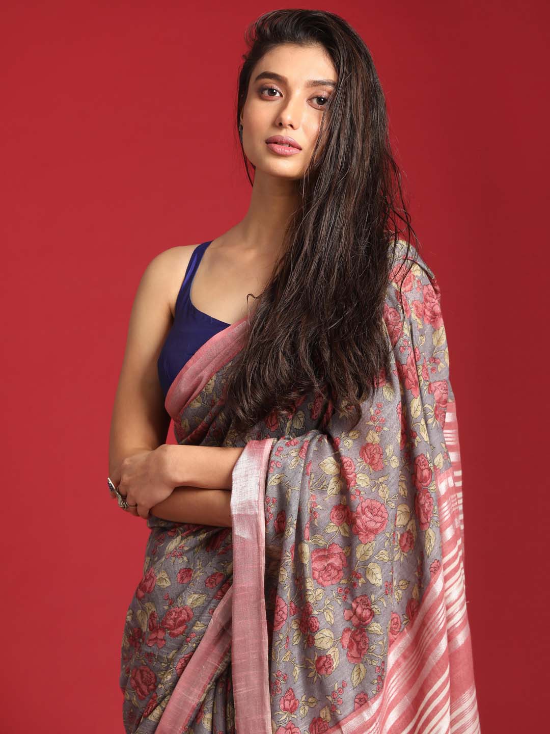 Indethnic Grey Liva Printed Saree - View 1