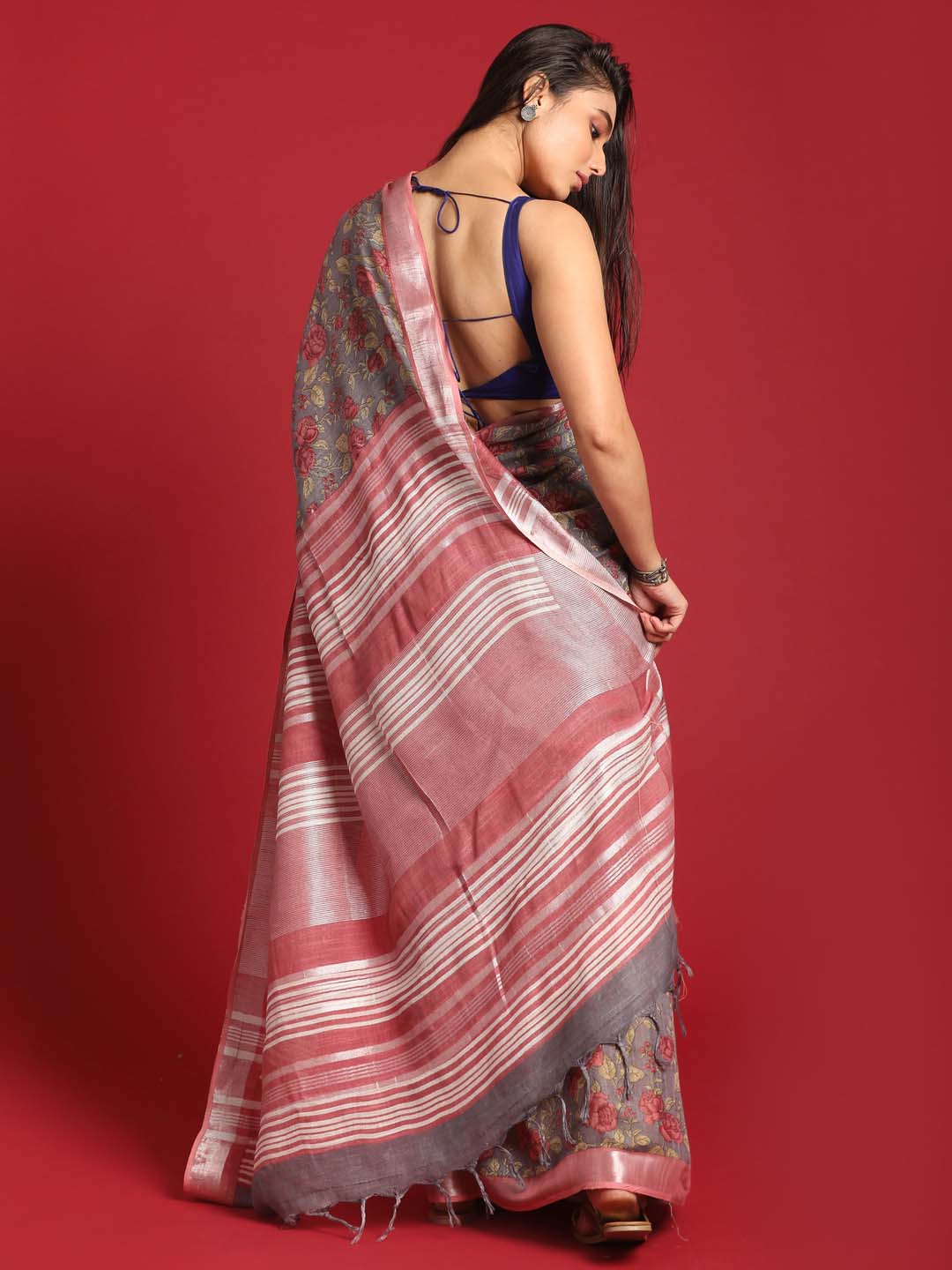 Indethnic Grey Liva Printed Saree - View 3