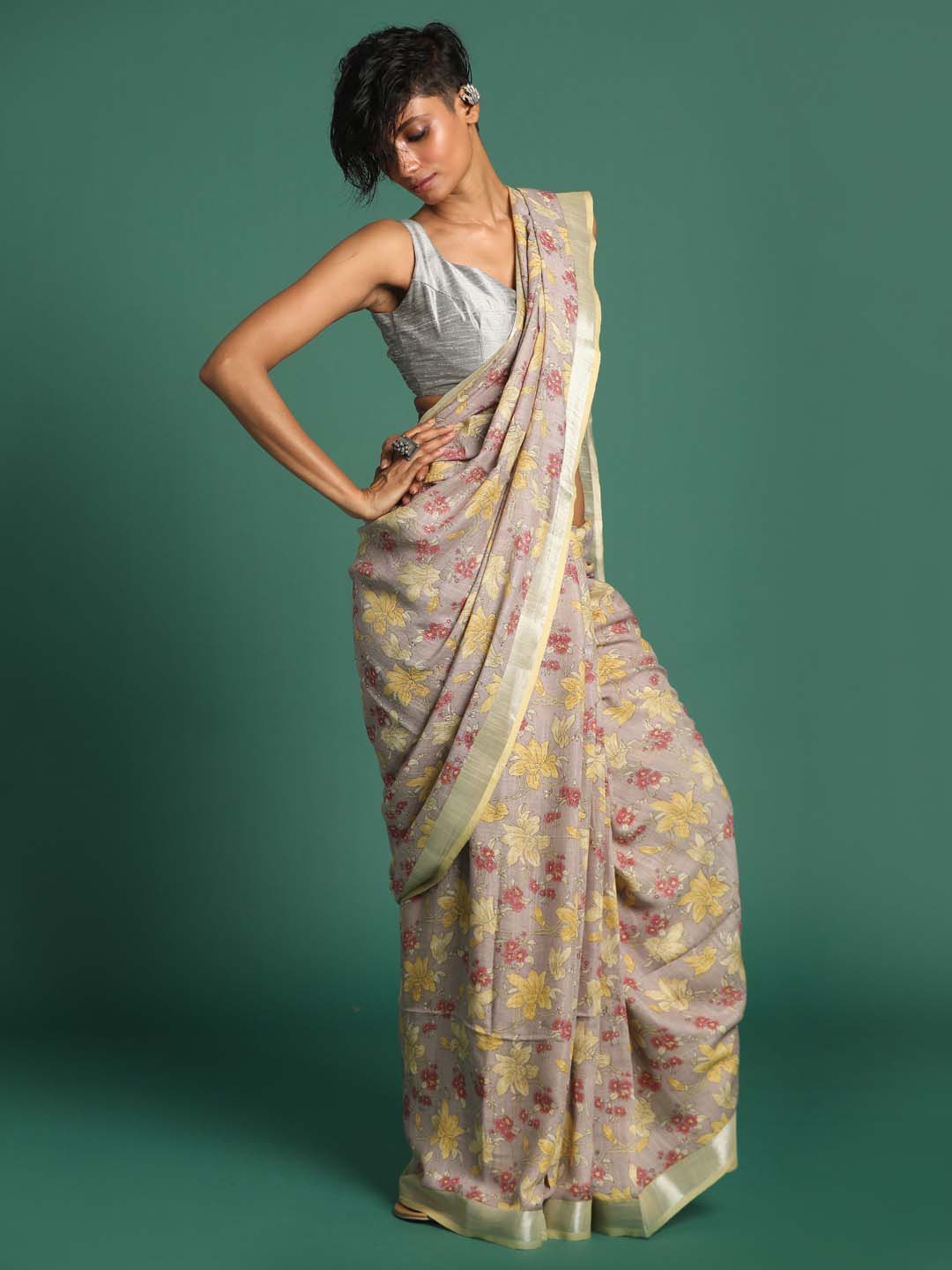 Indethnic Grey Liva Printed Saree - View 2