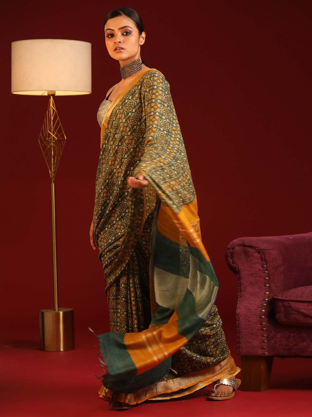 Indethnic Khaki Liva Printed Saree - View 2