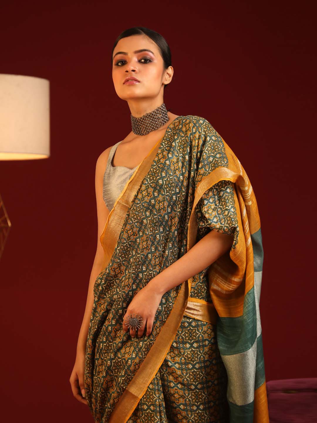 Indethnic Khaki Liva Printed Saree - View 1