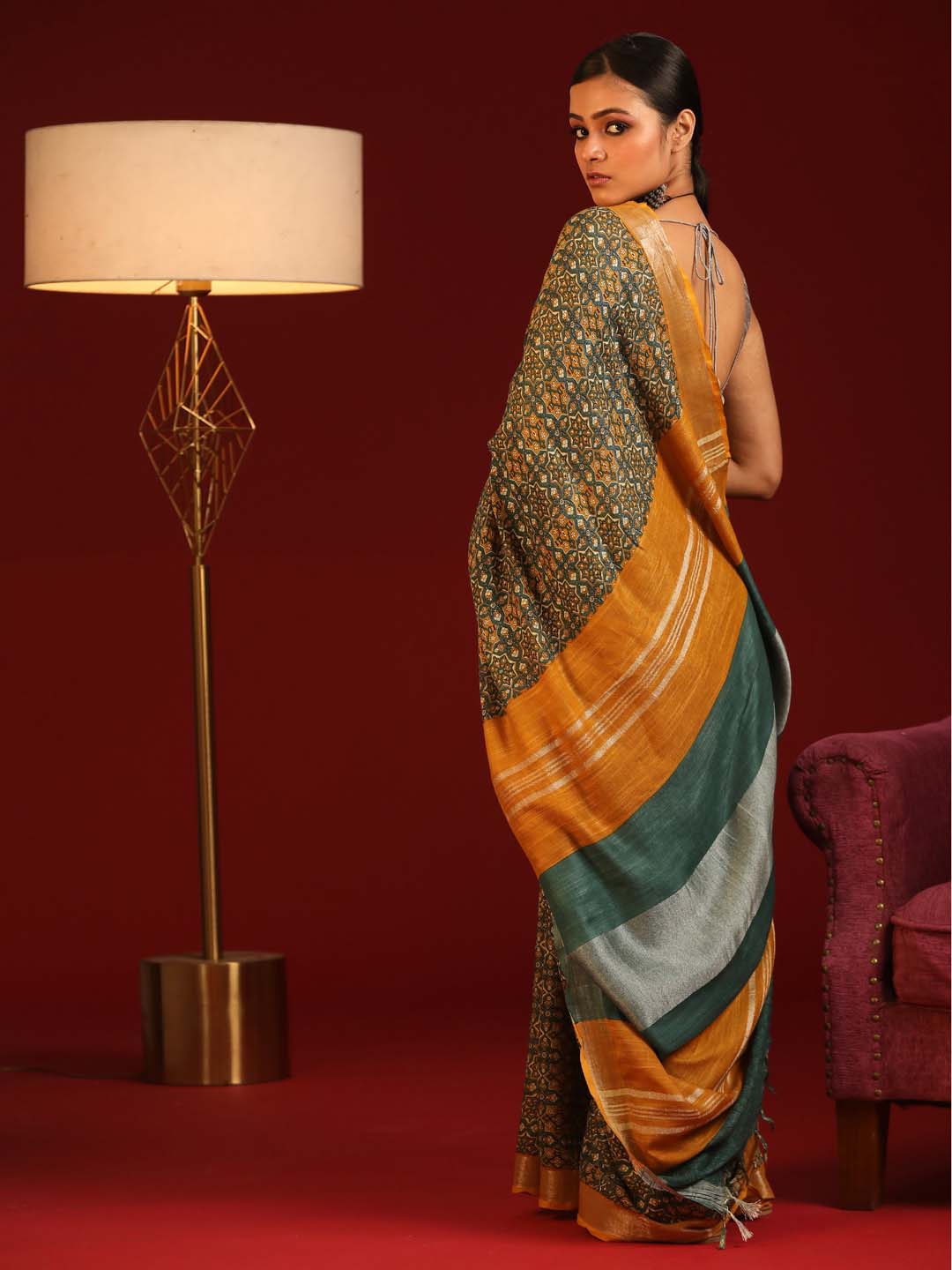 Indethnic Khaki Liva Printed Saree - View 3