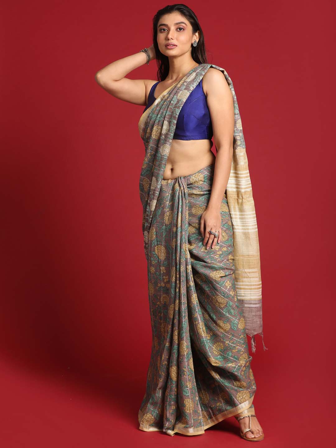 Indethnic Khaki Liva Printed Saree - View 2