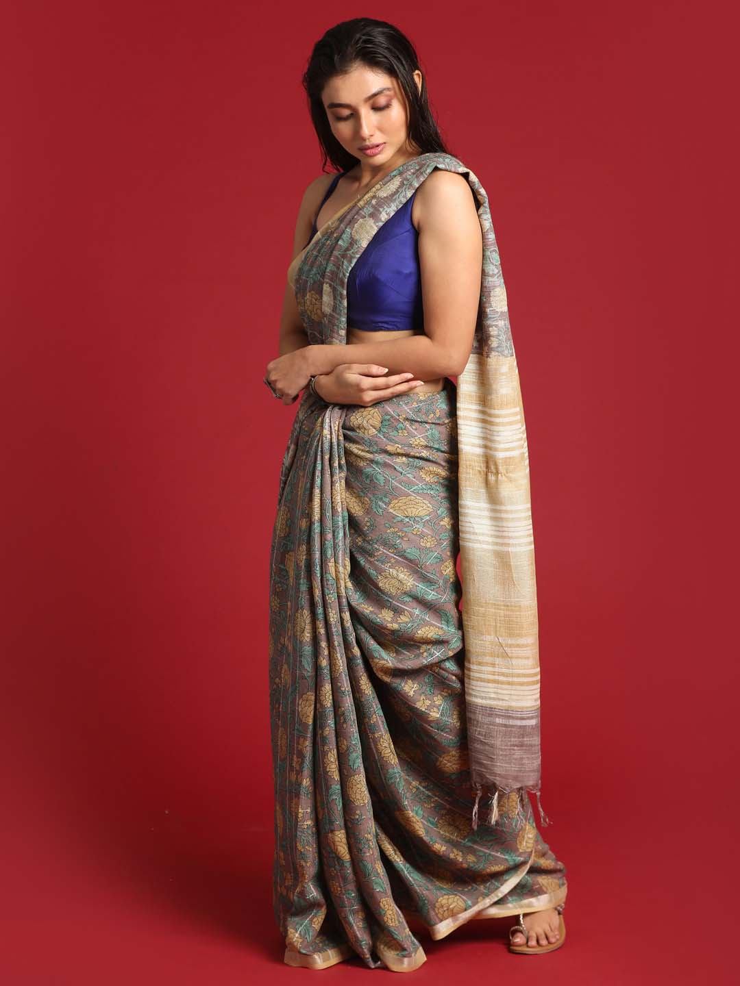 Indethnic Khaki Liva Printed Saree - View 3