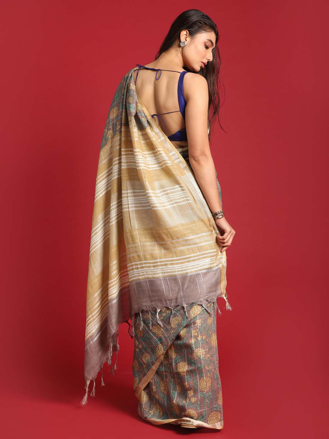 Indethnic Khaki Liva Printed Saree - View 3