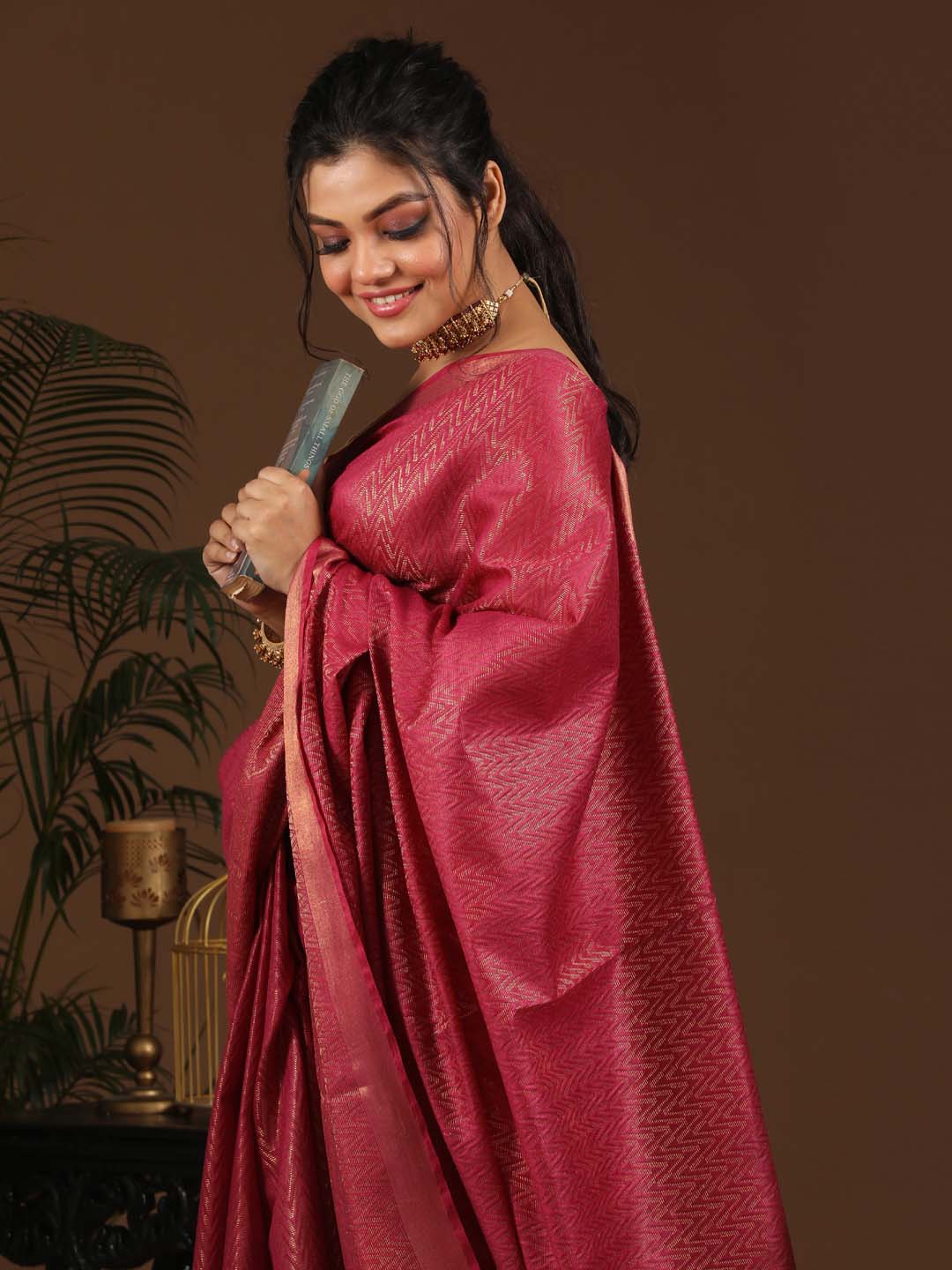 Indethnic Magenta Liva Woven Design Saree - View 1