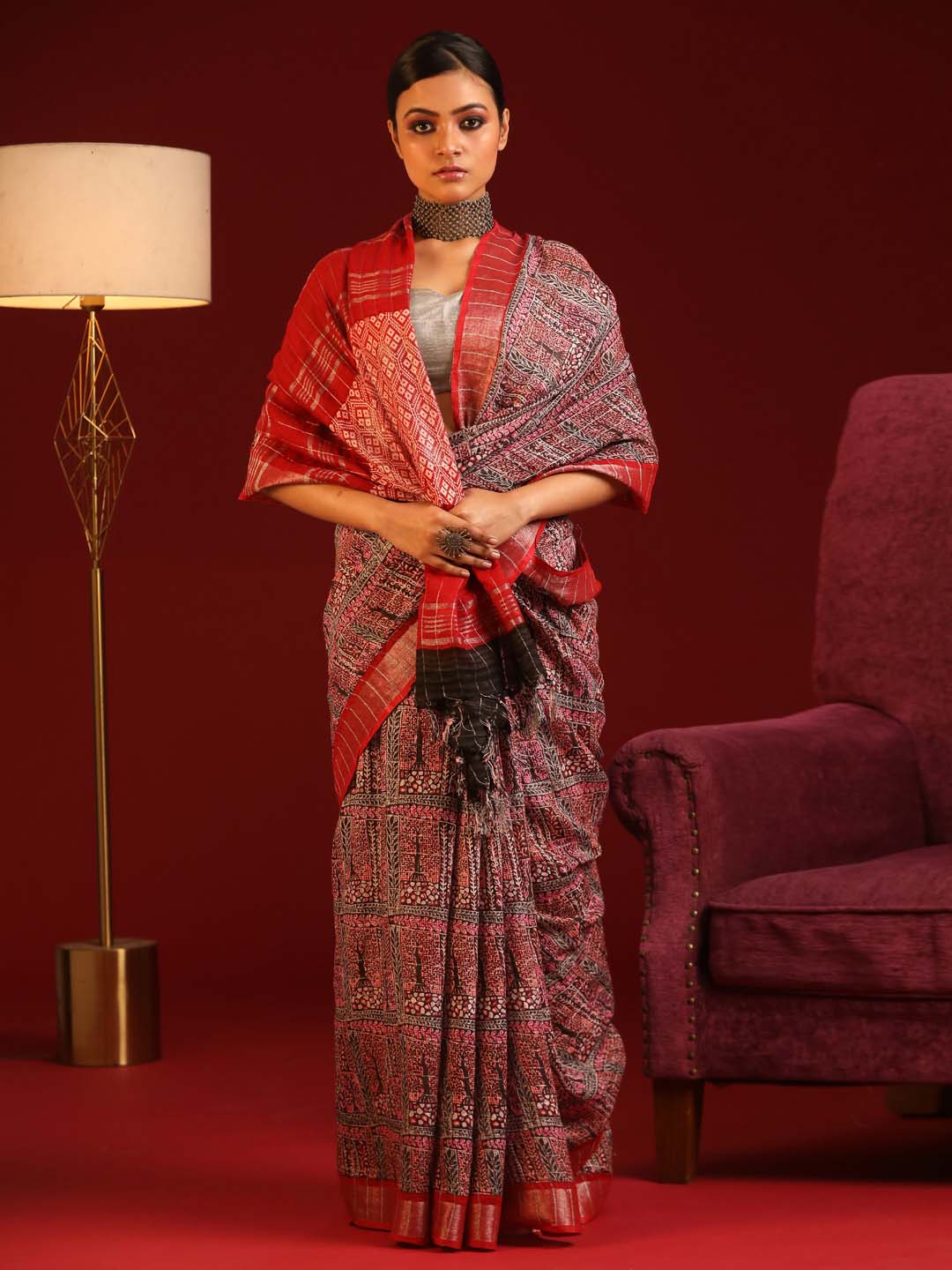 Indethnic Maroon Liva Printed Saree - View 1