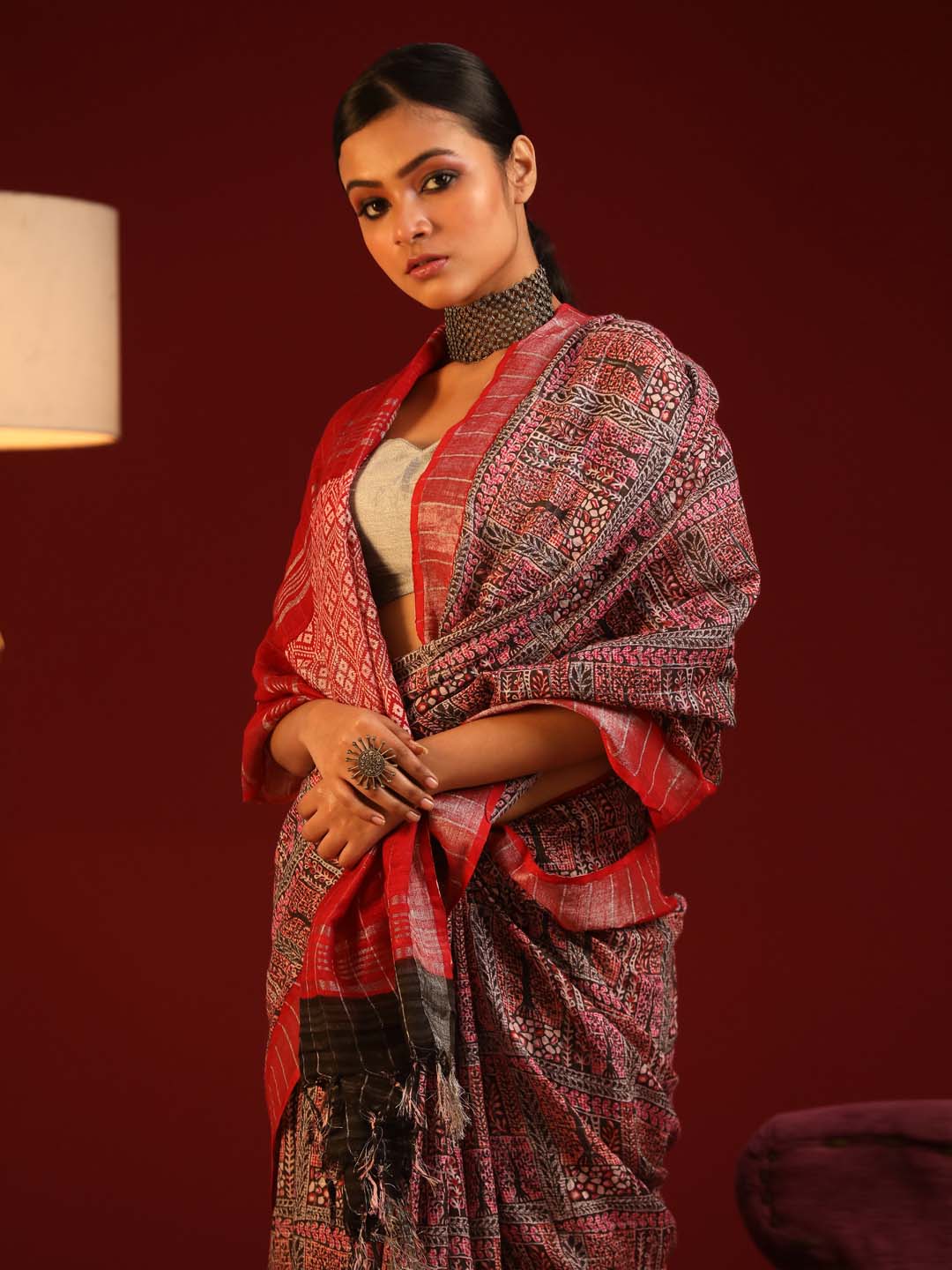 Indethnic Maroon Liva Printed Saree - View 2