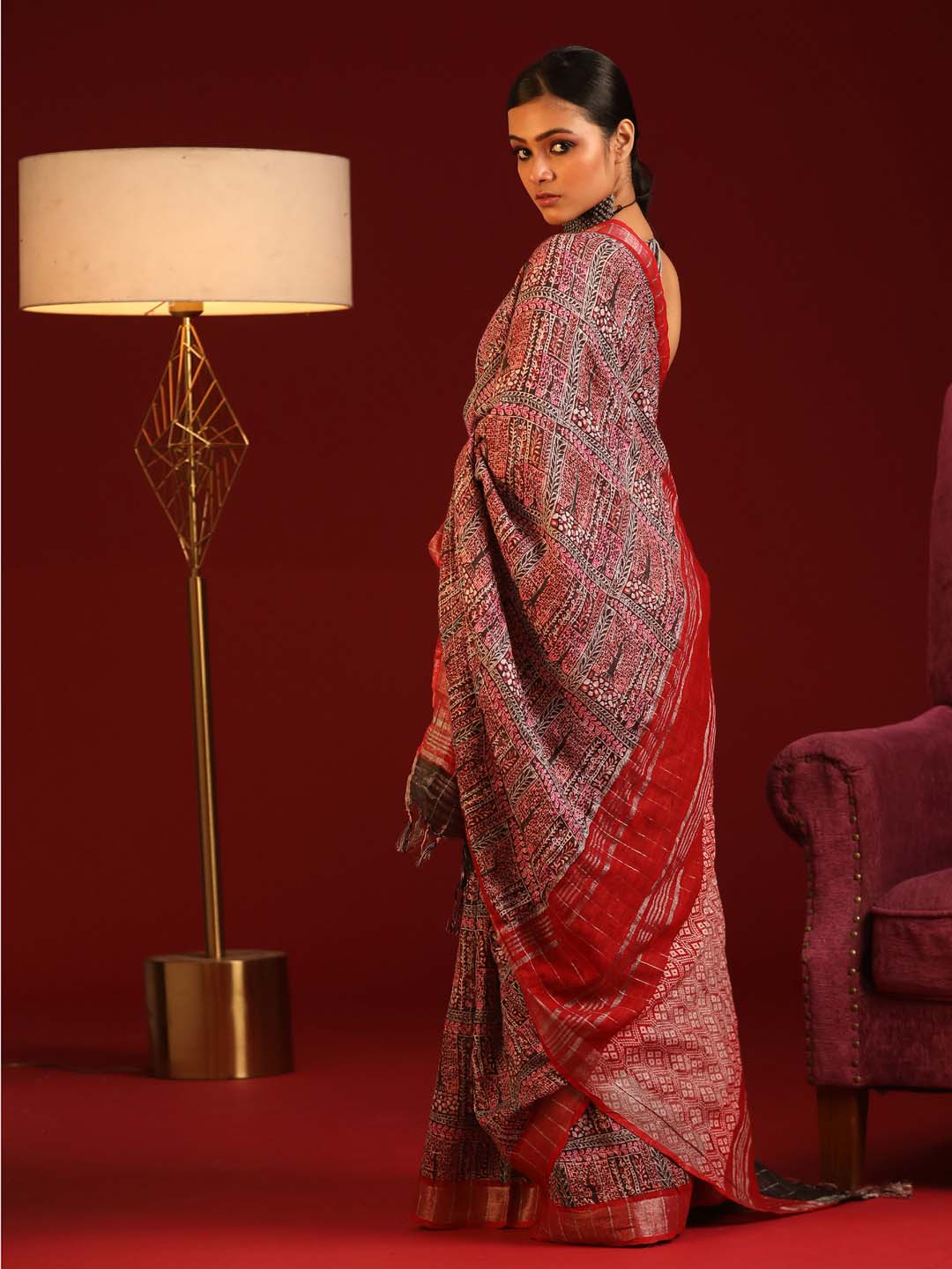 Indethnic Maroon Liva Printed Saree - View 3