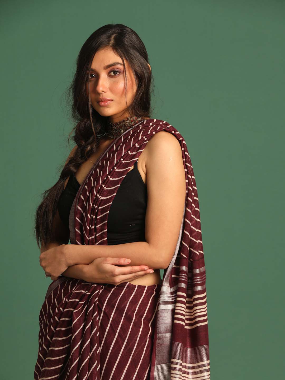 Indethnic Maroon Liva Printed Saree - View 1