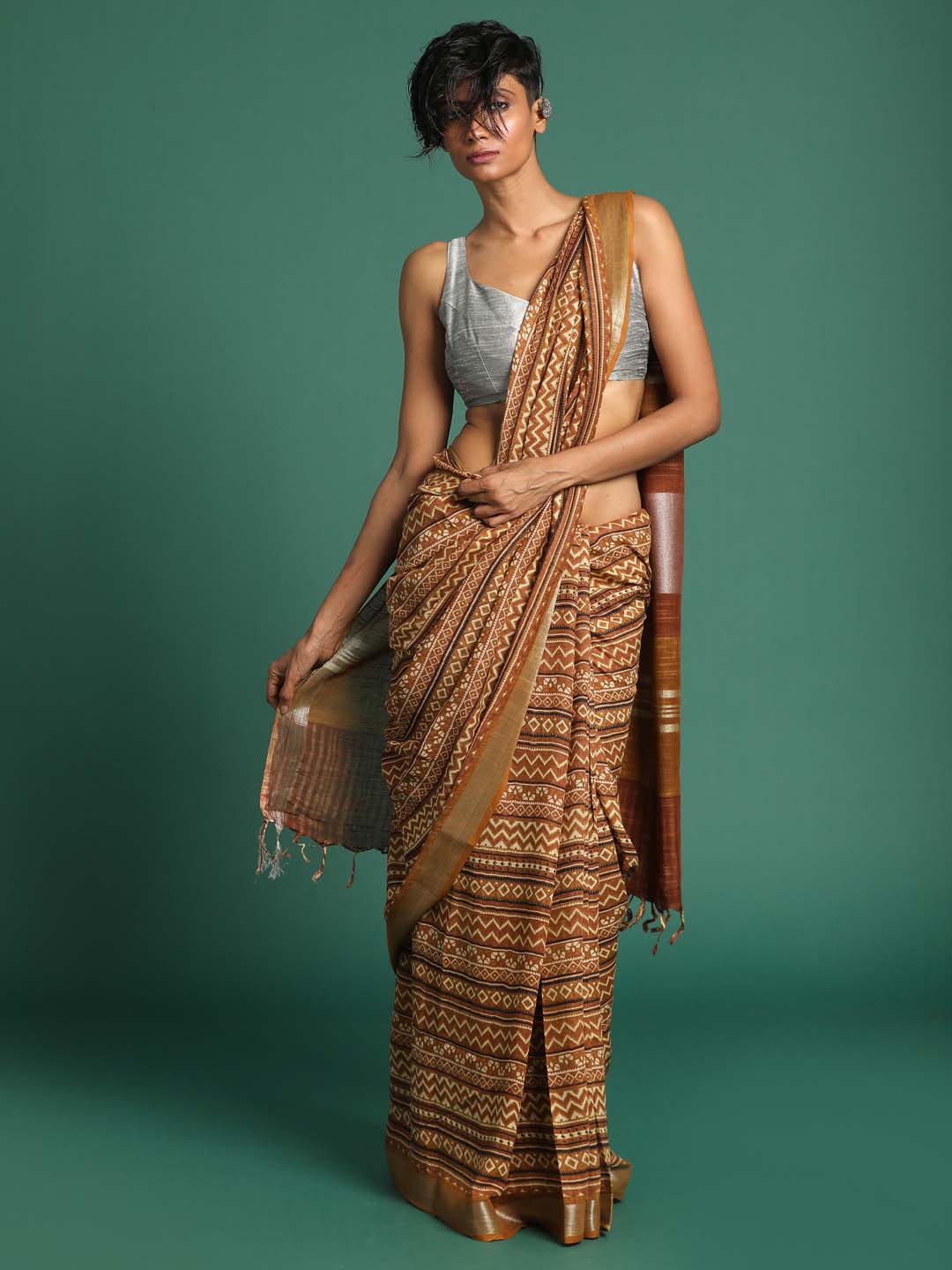 Indethnic Mustard Liva Printed Saree - View 2