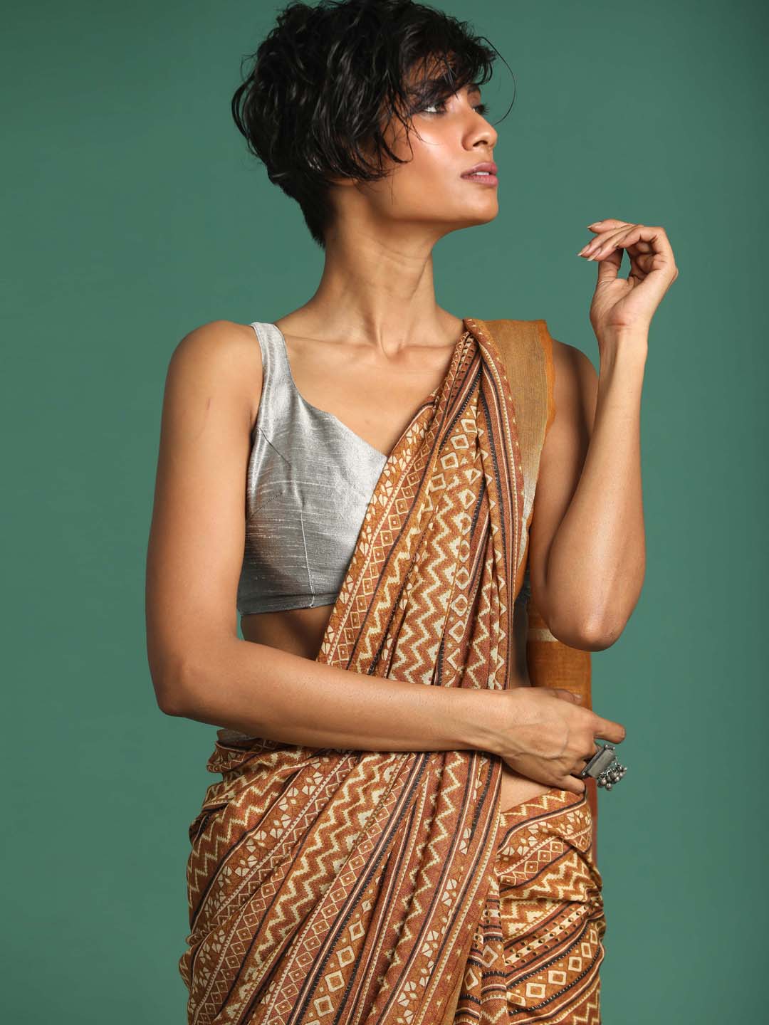 Indethnic Mustard Liva Printed Saree - View 1