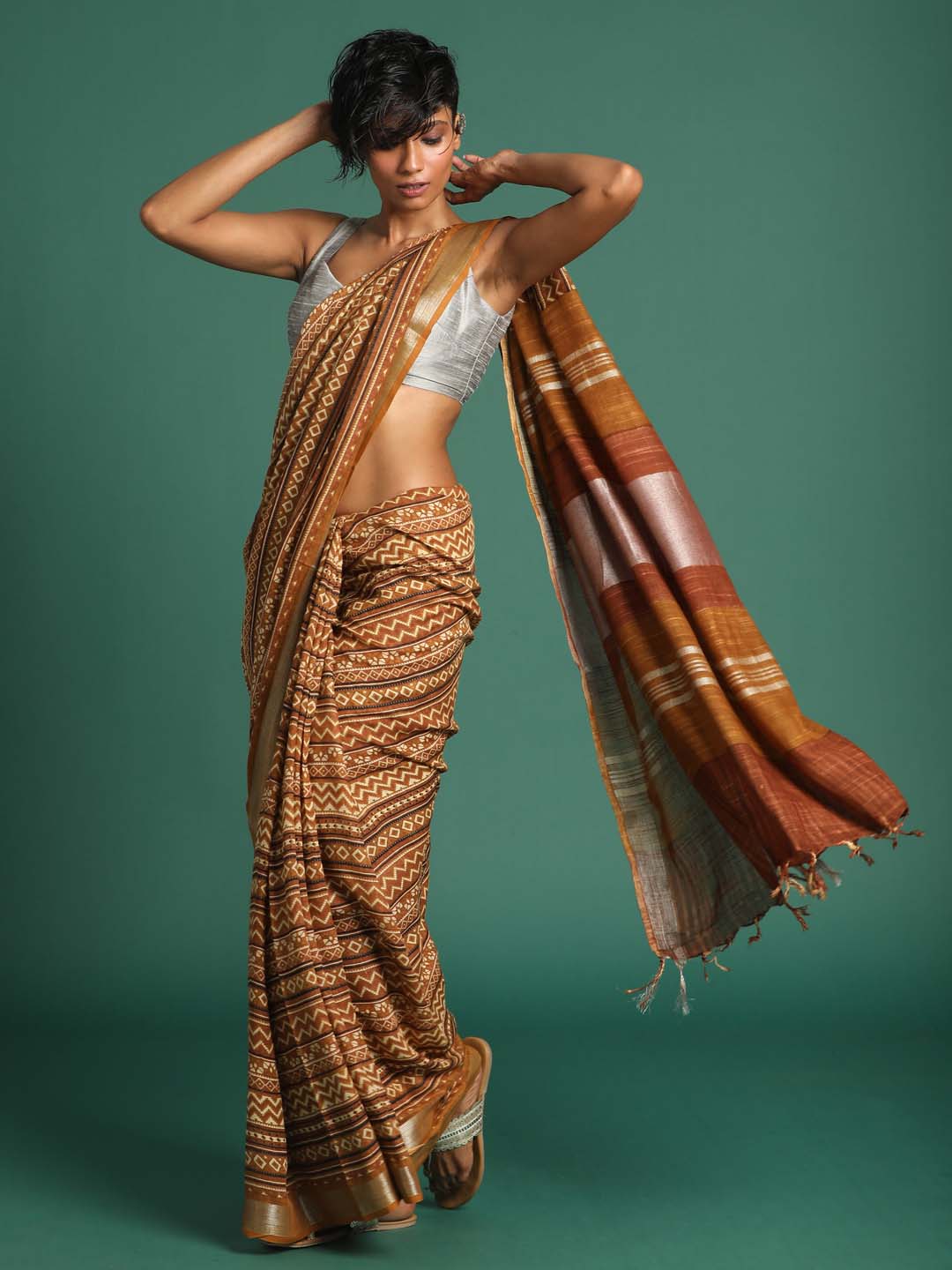 Indethnic Mustard Liva Printed Saree - View 3