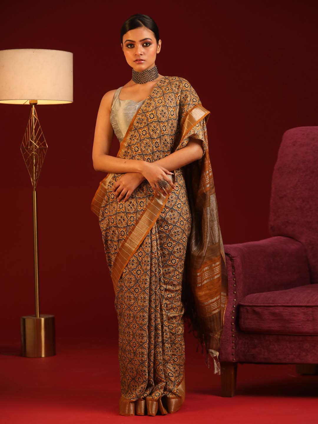 Indethnic Mustard Liva Printed Saree - View 2