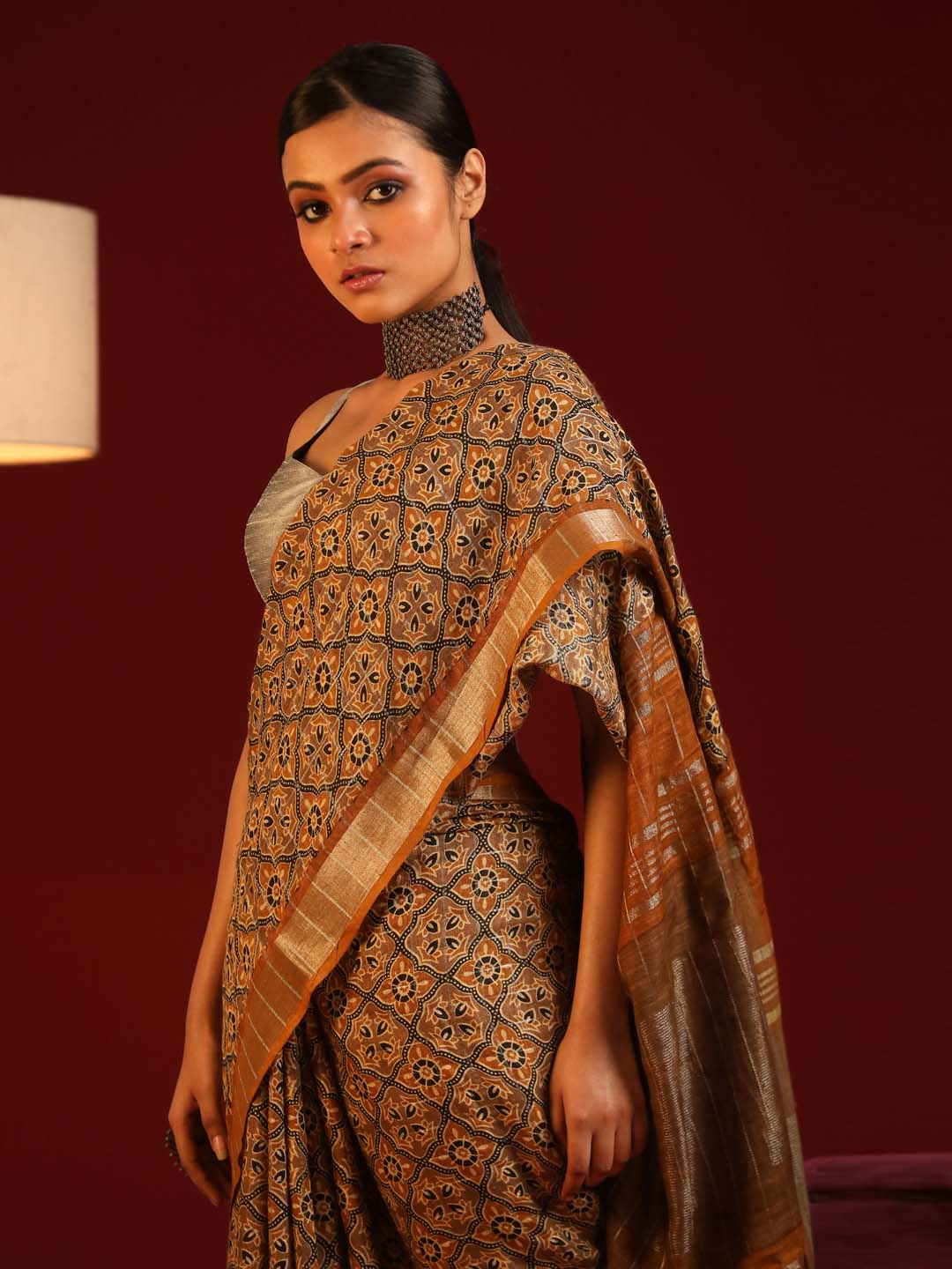 Indethnic Mustard Liva Printed Saree - View 1