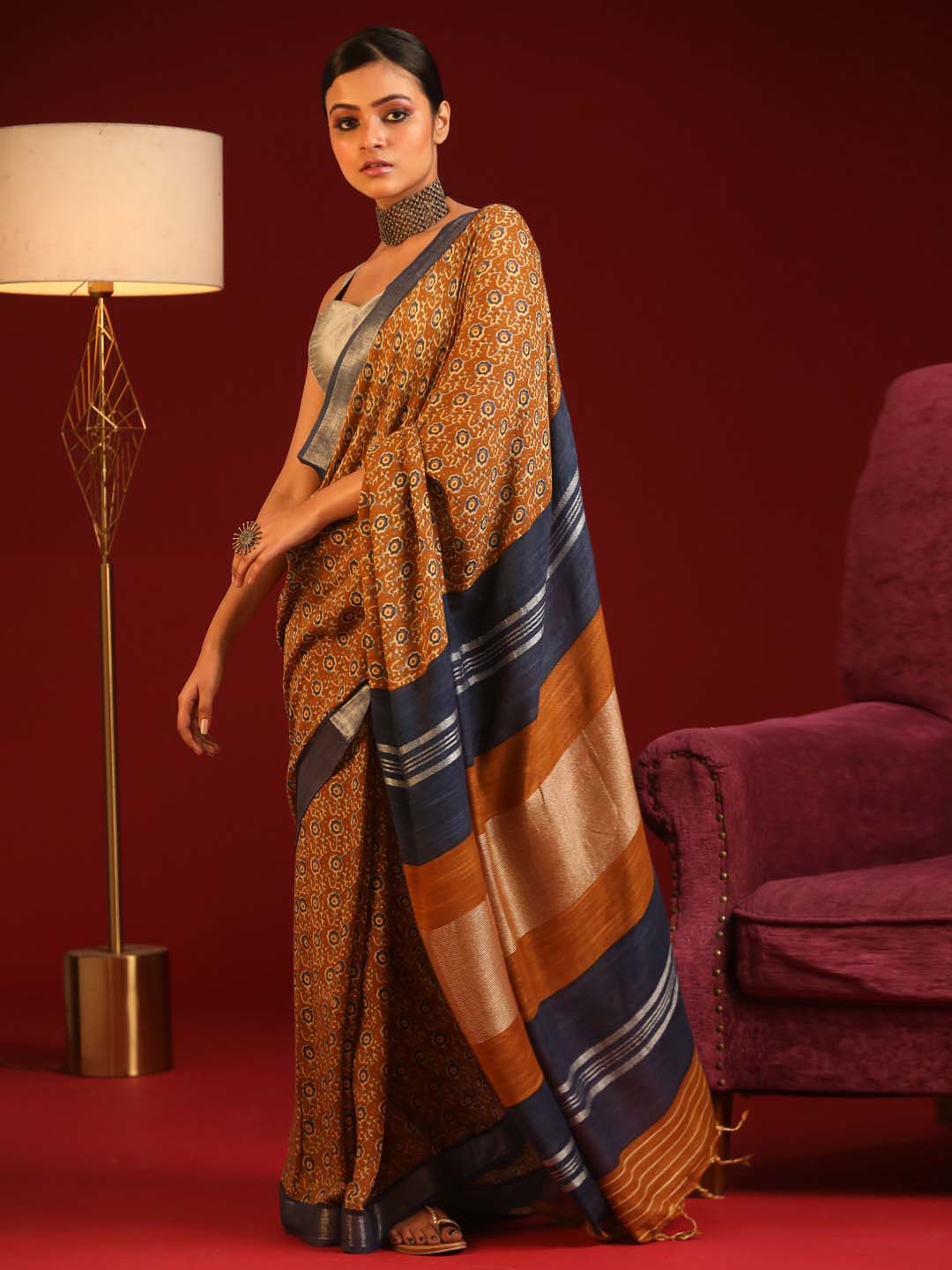 Indethnic Mustard Liva Printed Saree - View 2