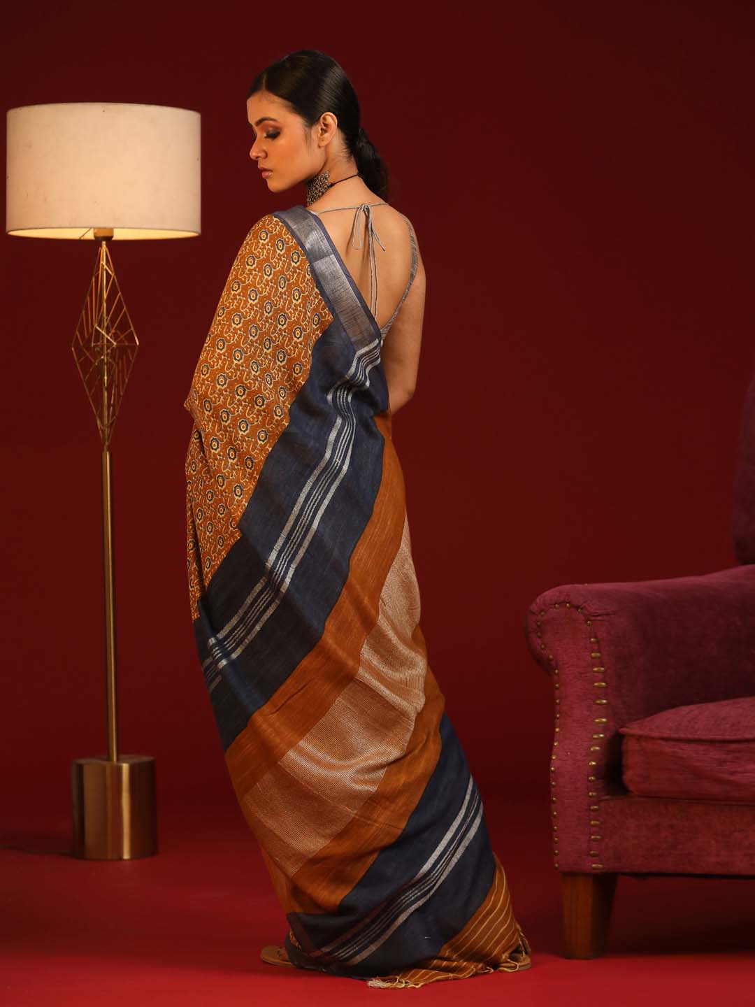 Indethnic Mustard Liva Printed Saree - View 3