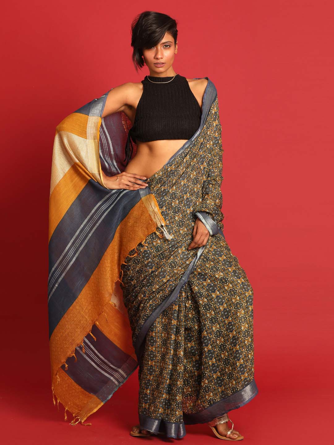 Indethnic Mustard Liva Printed Saree - View 2