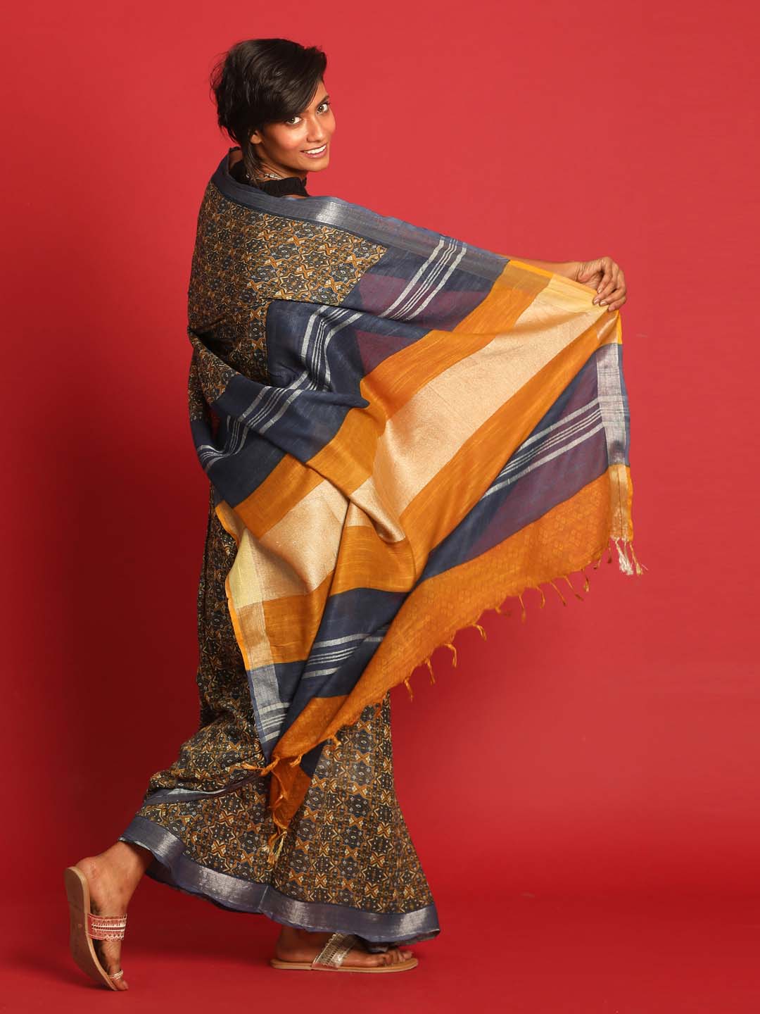 Indethnic Mustard Liva Printed Saree - View 3