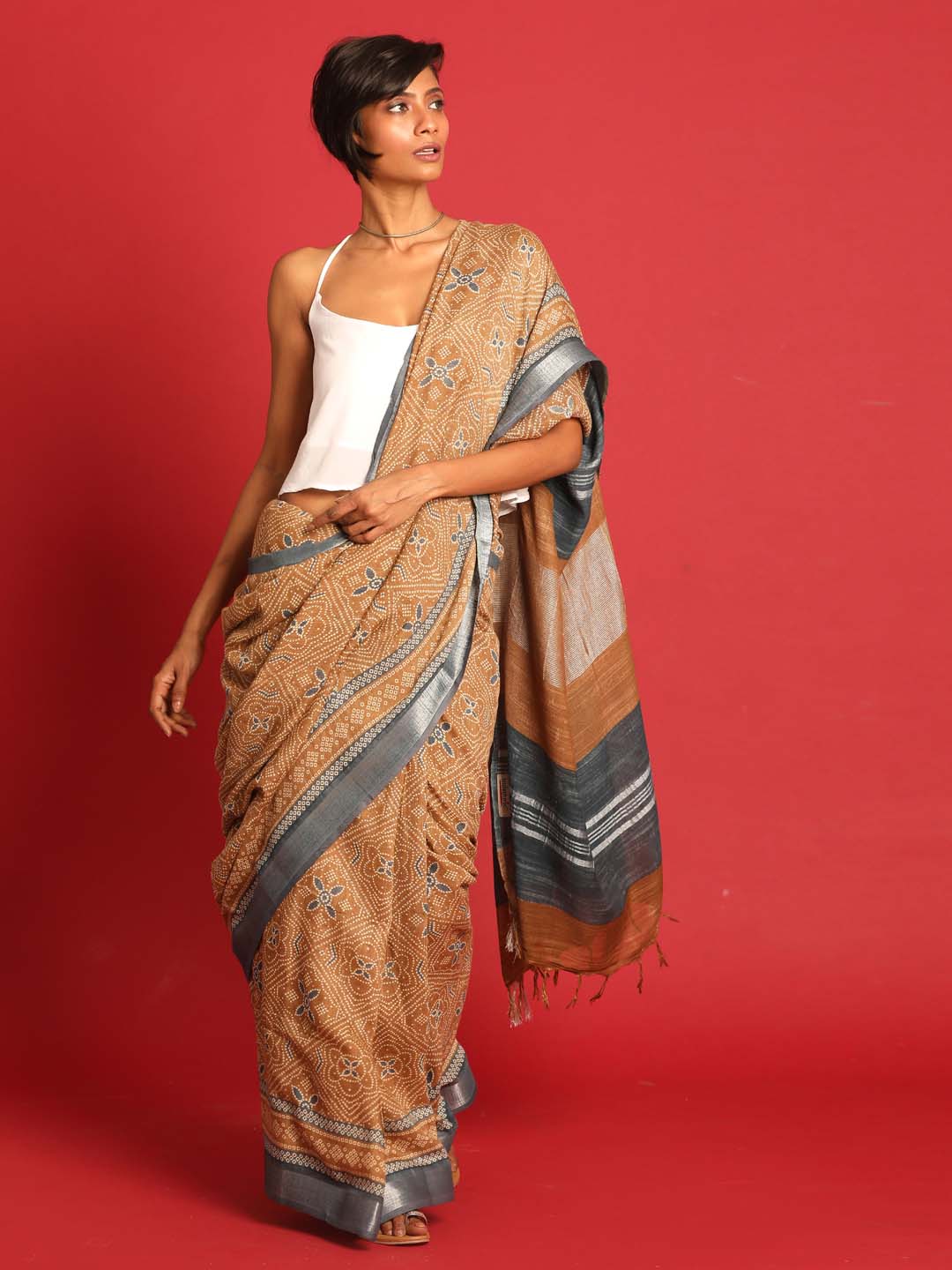 Indethnic Mustard Liva Printed Saree - View 2