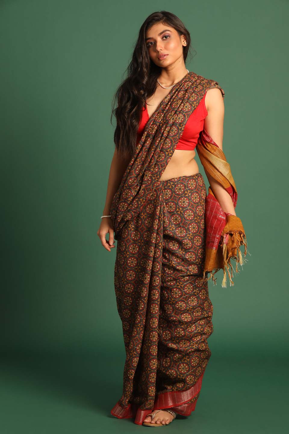 Indethnic Mustard Liva Printed Saree - View 1