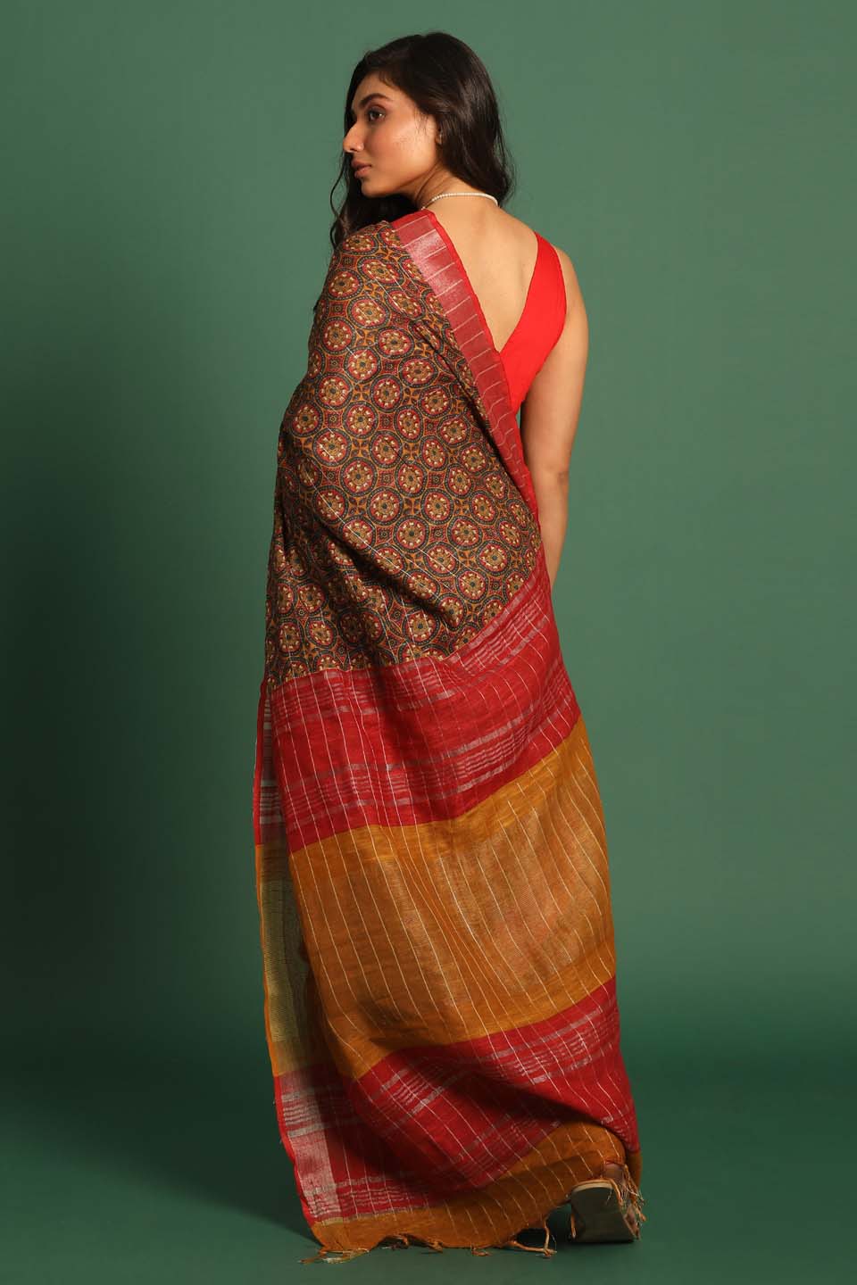 Indethnic Mustard Liva Printed Saree - View 3