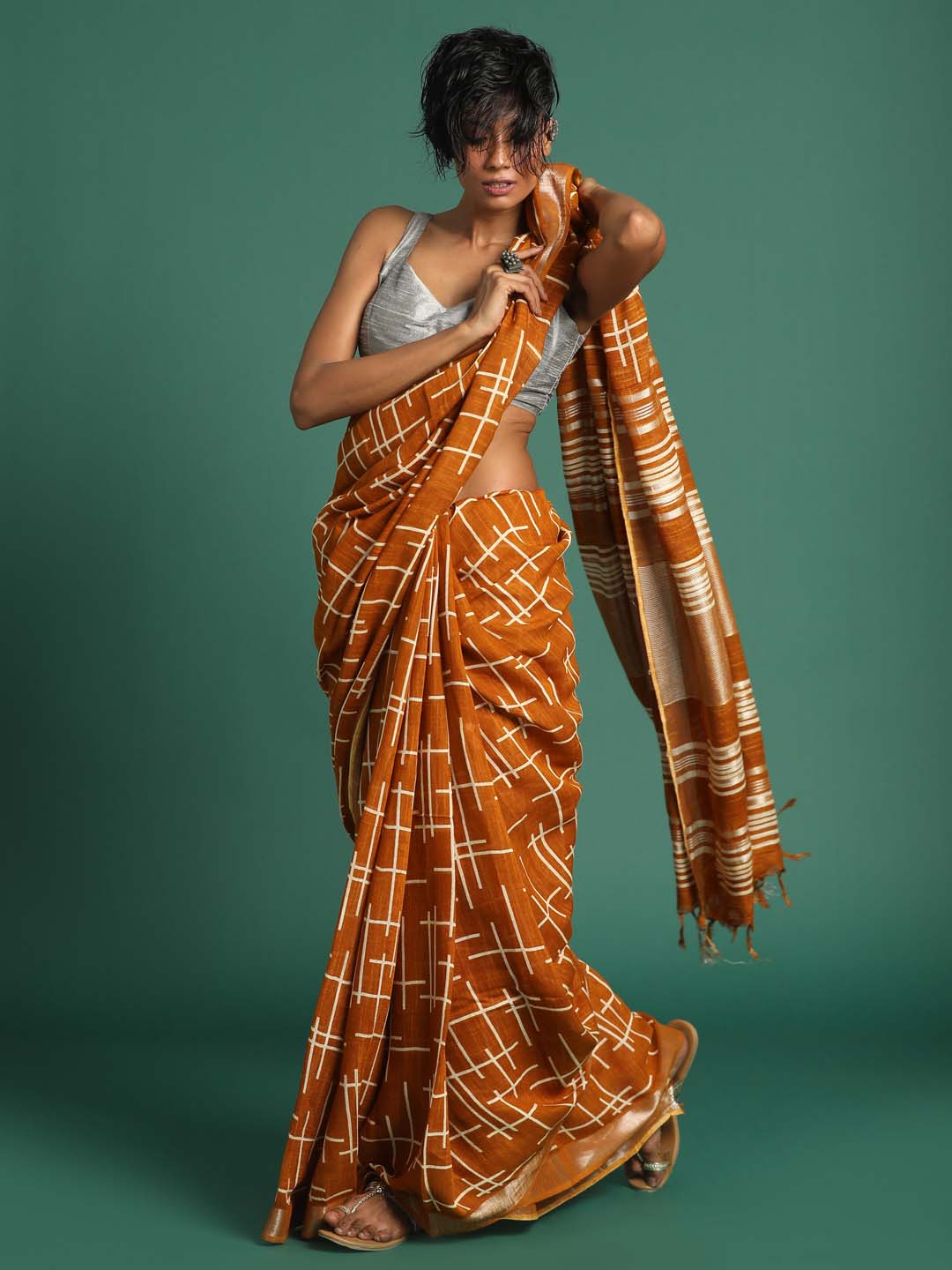 Indethnic Mustard Liva Printed Saree - View 3