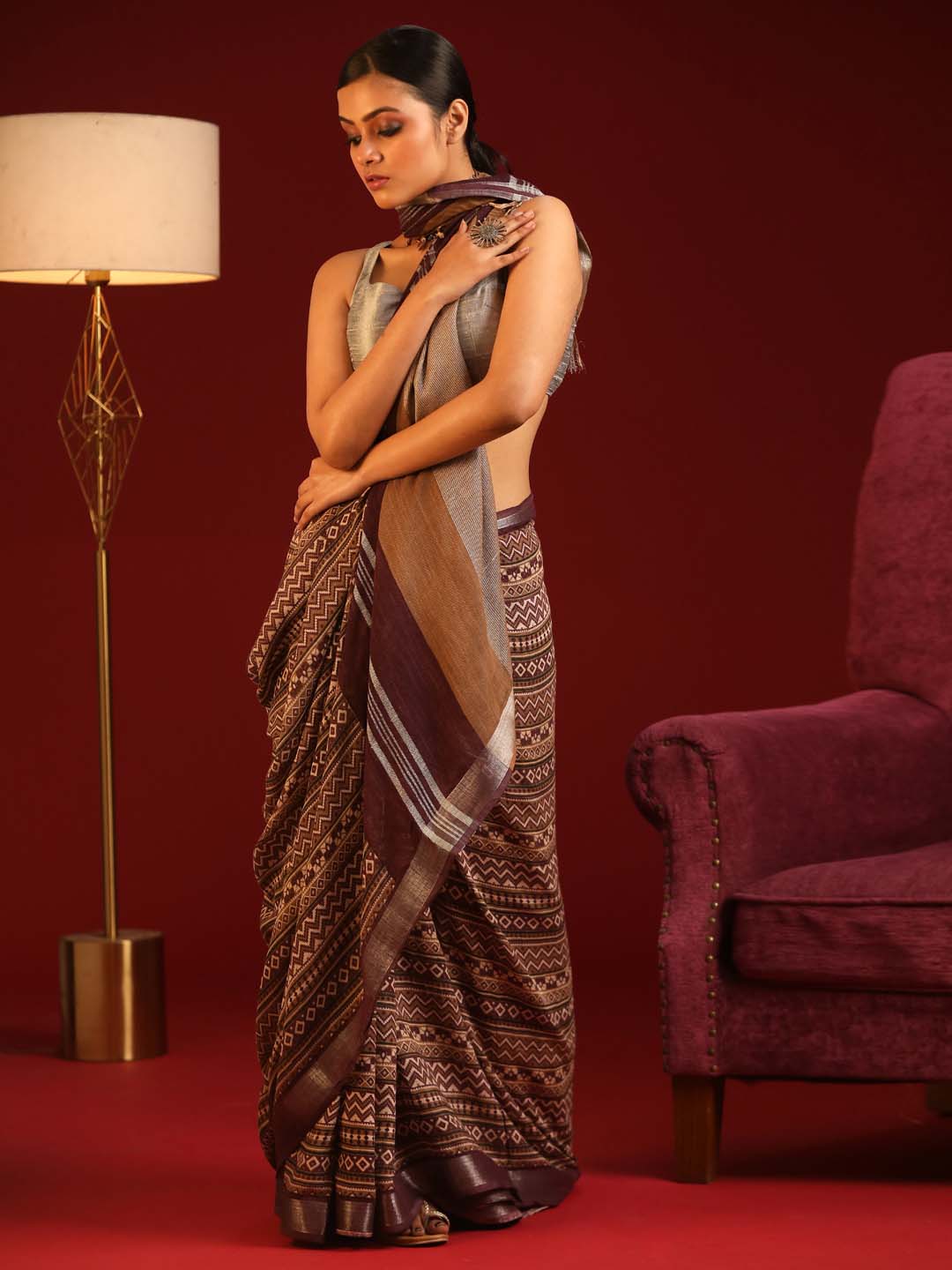 Indethnic Purple Liva Printed Saree - View 2