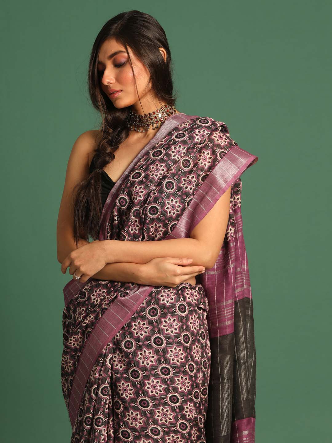 Indethnic Purple Liva Printed Saree - View 1