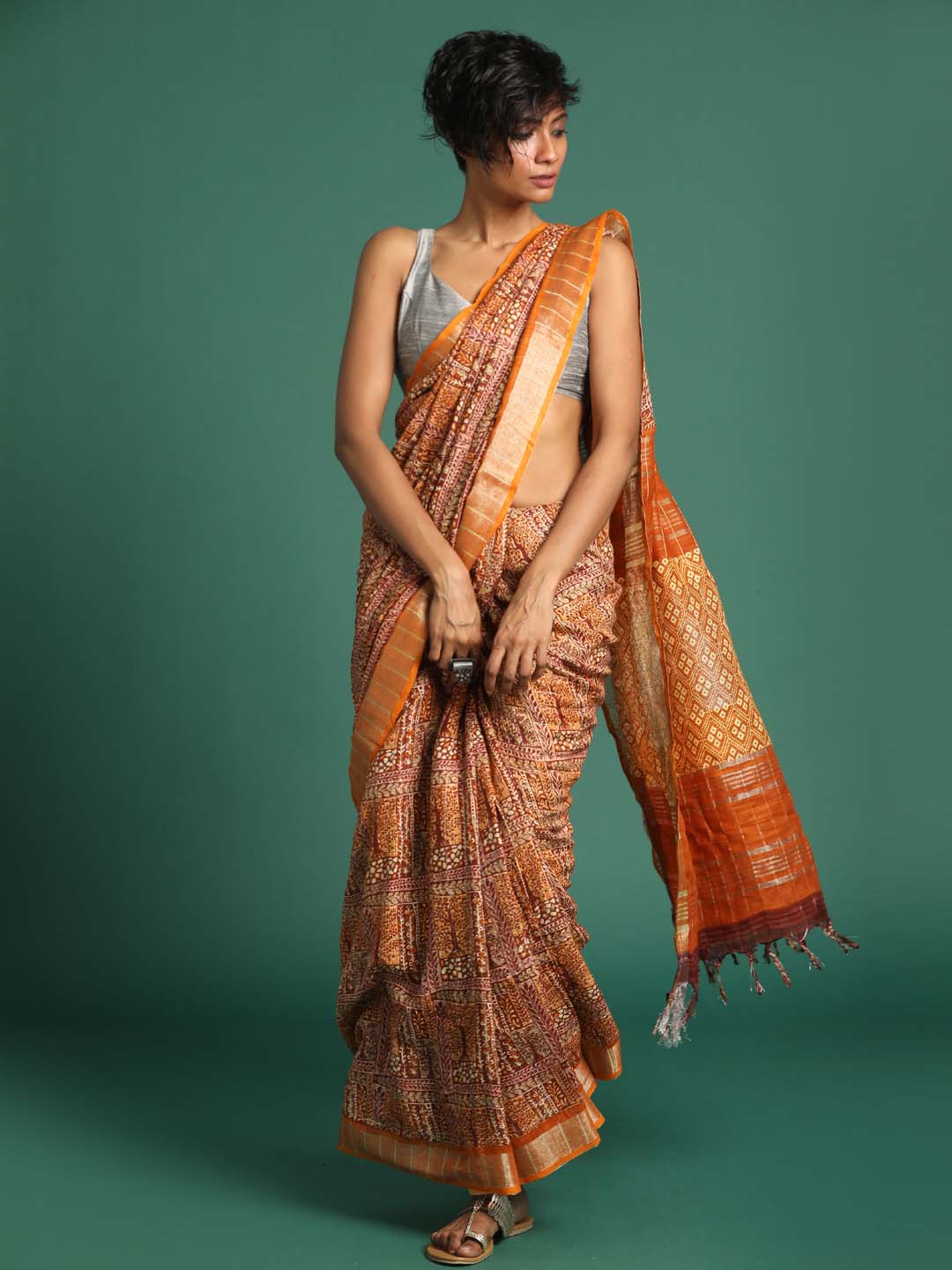 Indethnic Rust Liva Printed Saree - View 1