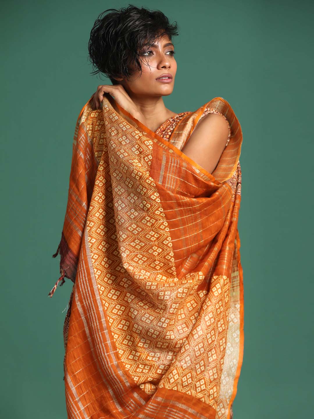 Indethnic Rust Liva Printed Saree - View 2