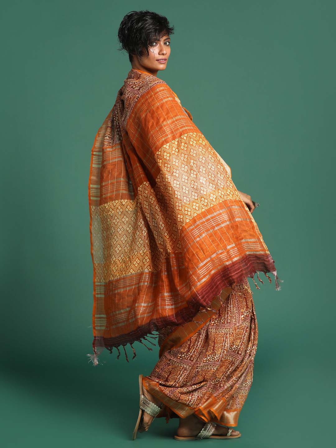 Indethnic Rust Liva Printed Saree - View 3