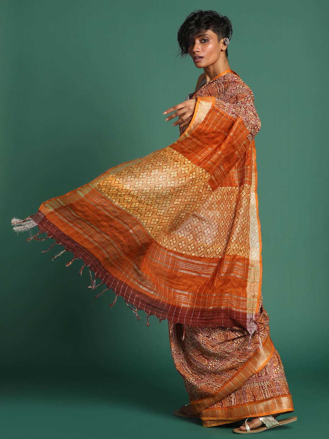 Indethnic Rust Liva Printed Saree - View 3