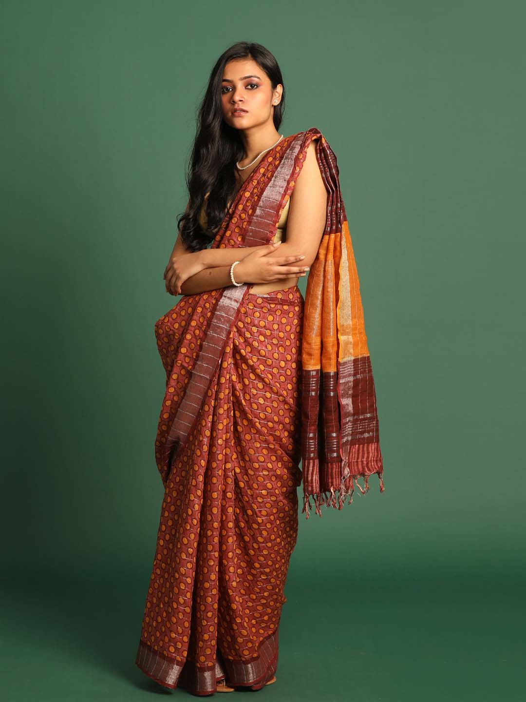 Indethnic Rust Liva Printed Saree - View 2