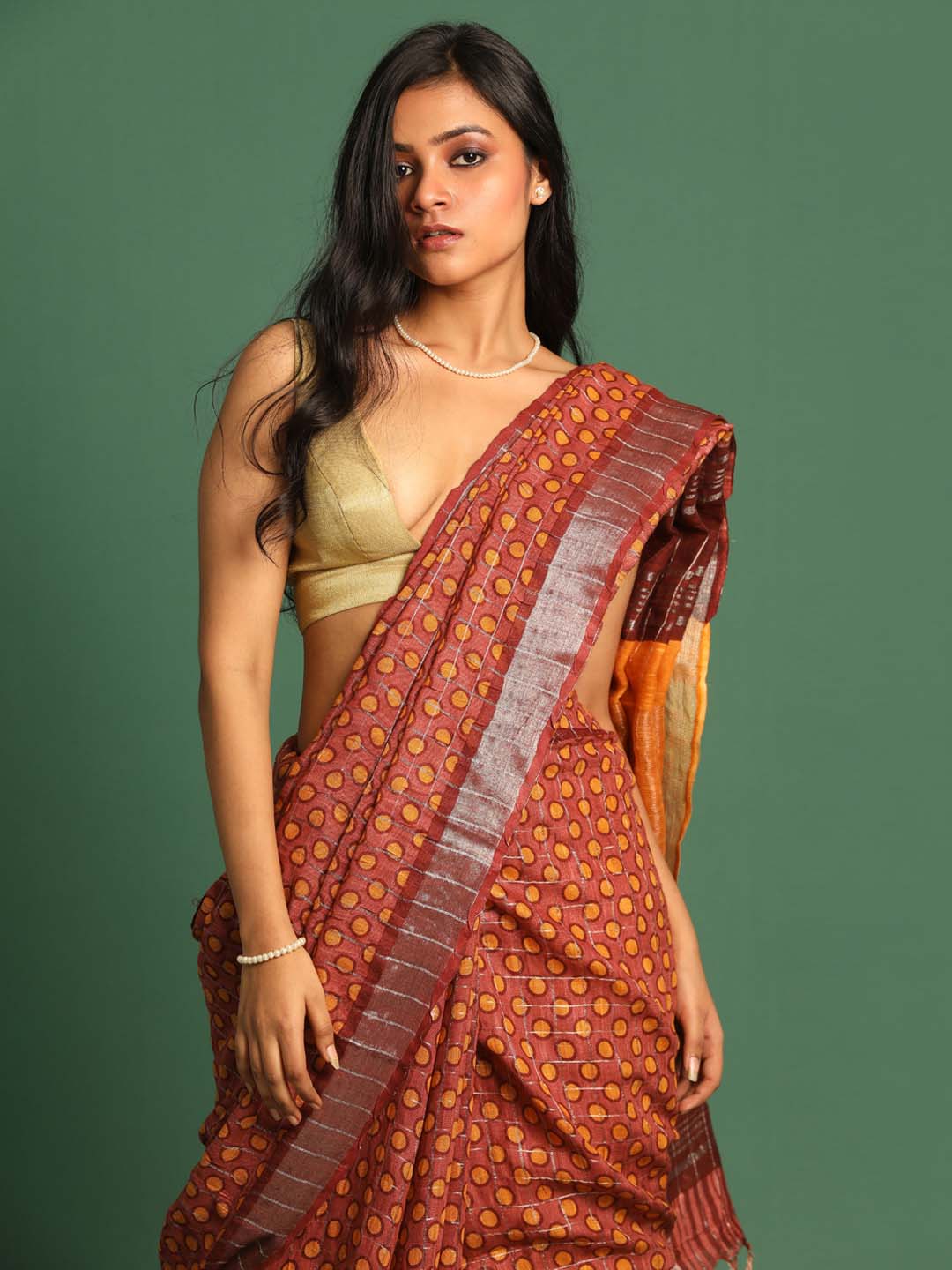 Indethnic Rust Liva Printed Saree - View 1