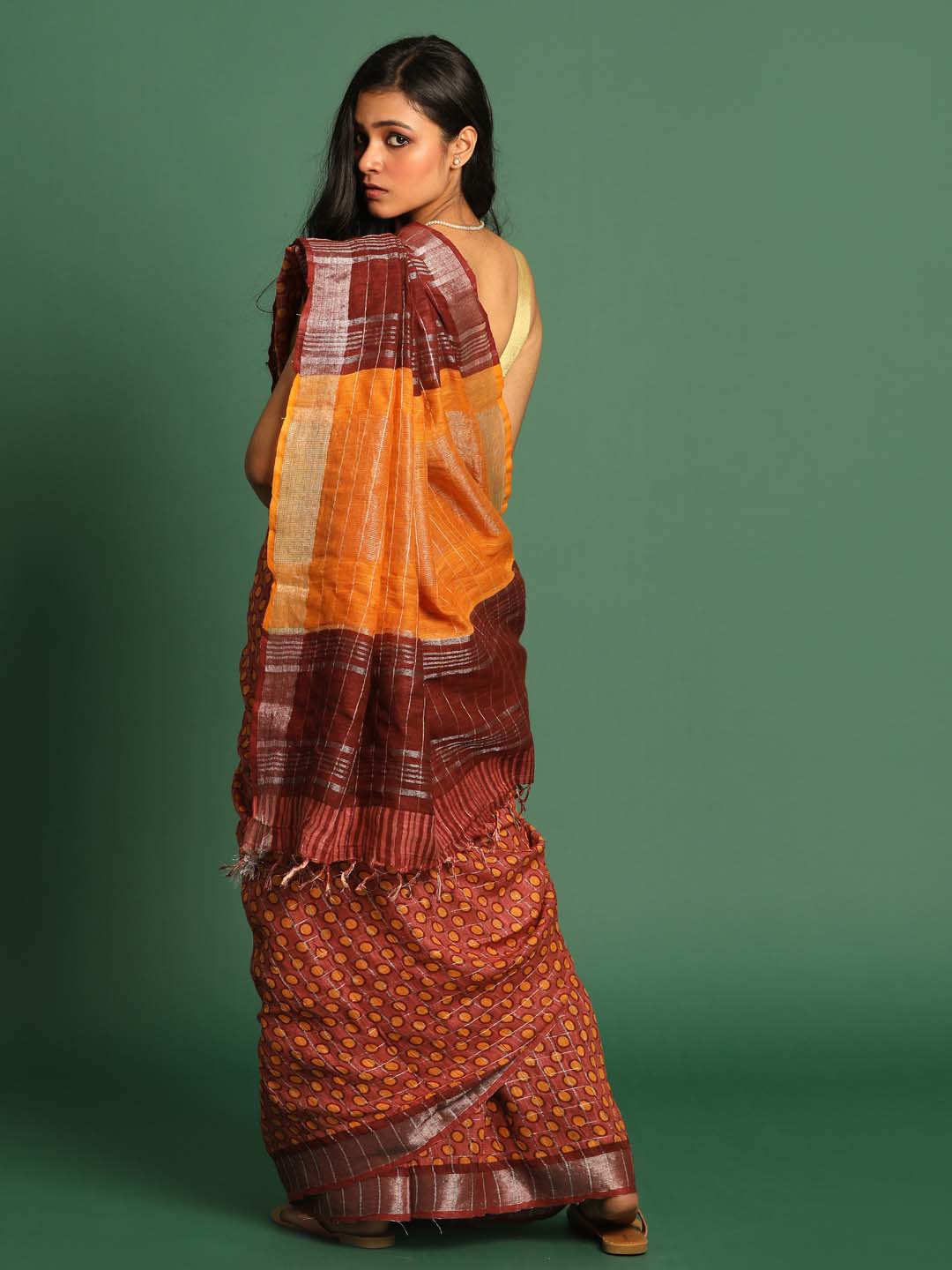 Indethnic Rust Liva Printed Saree - View 3