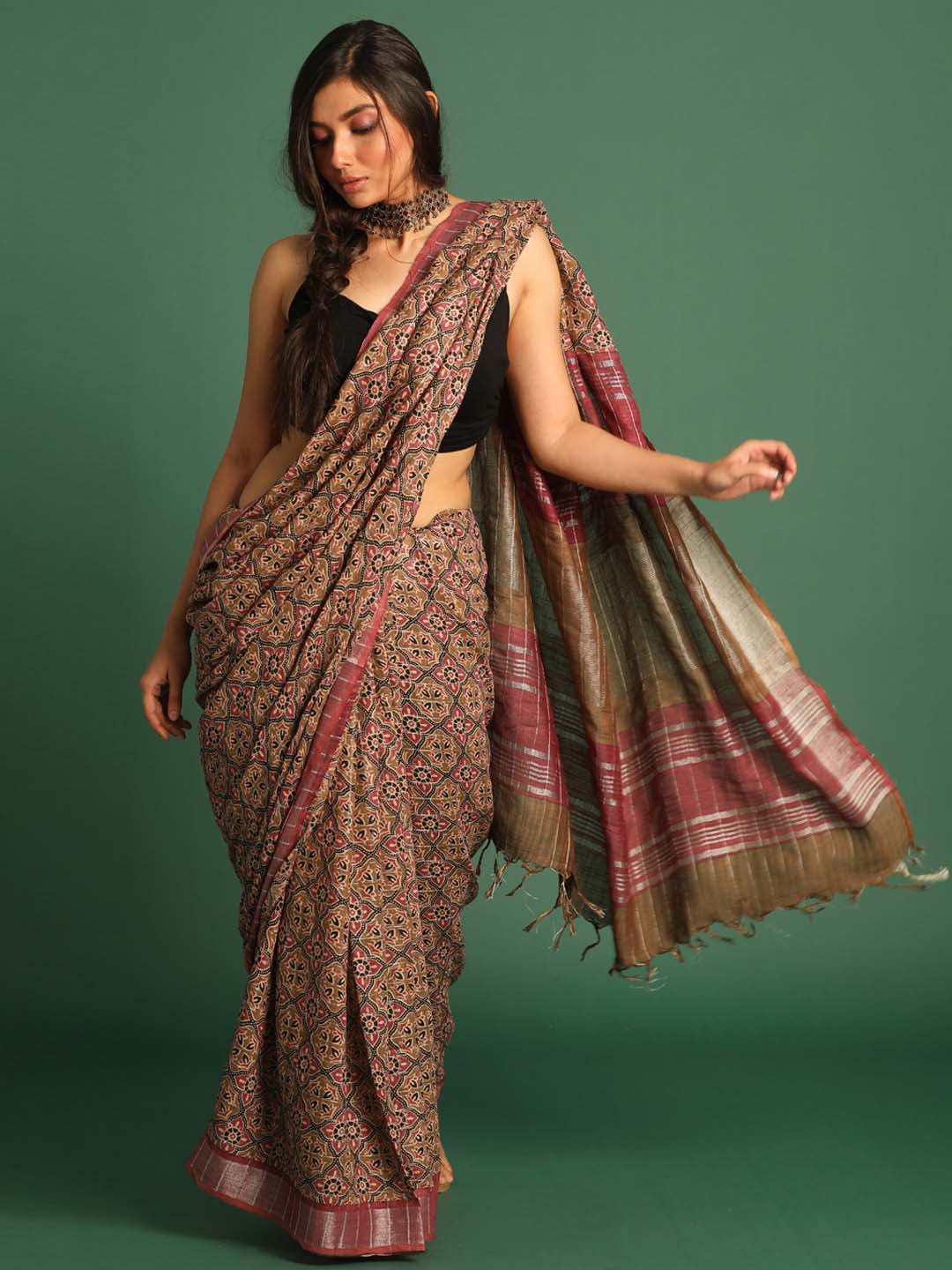 Indethnic Rust Liva Printed Saree - View 2