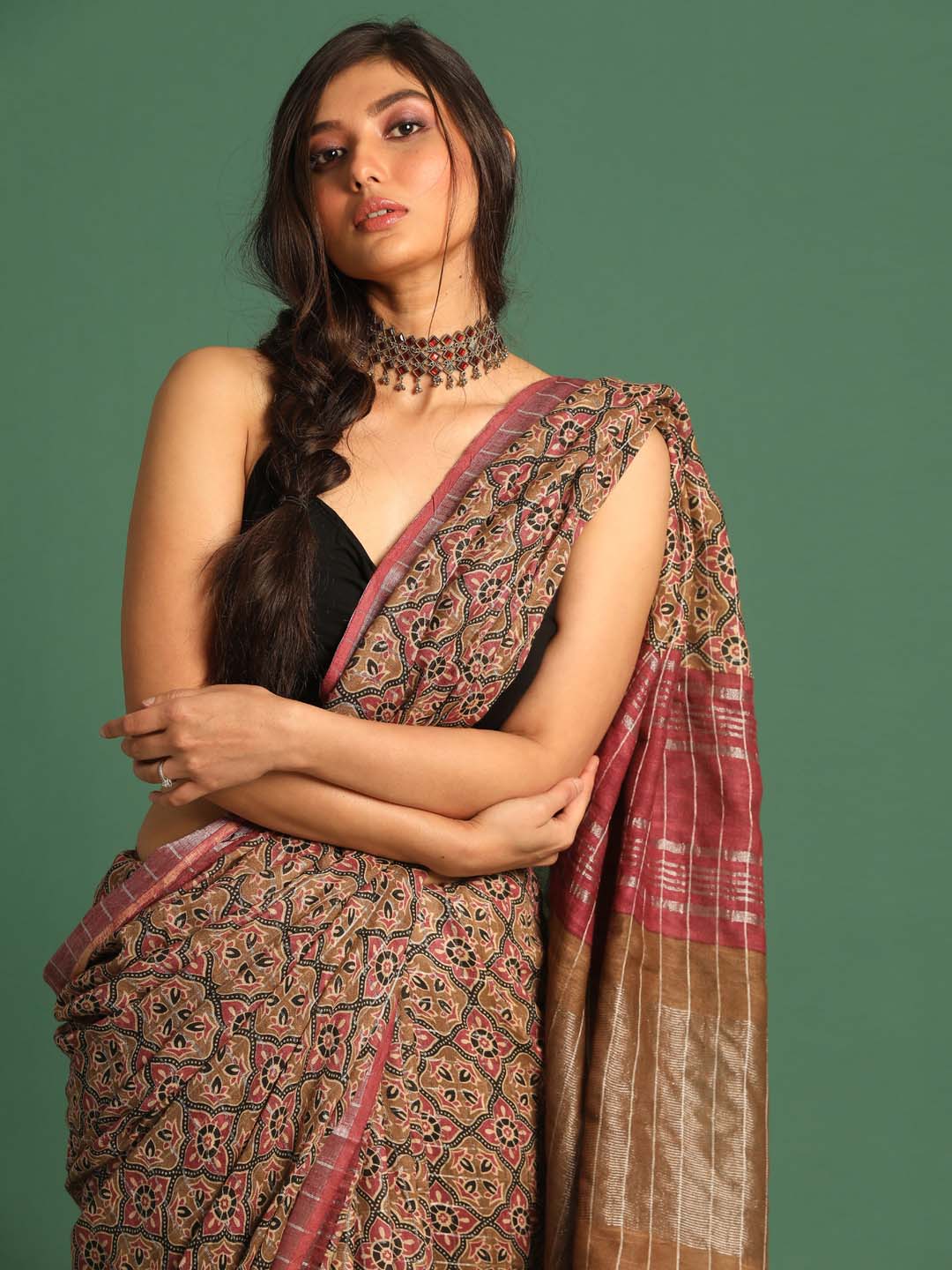 Indethnic Rust Liva Printed Saree - View 1