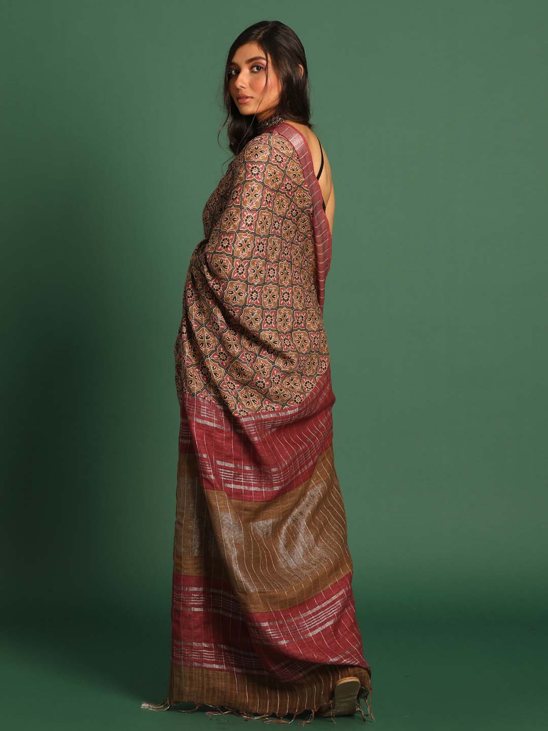 Indethnic Rust Liva Printed Saree - View 3