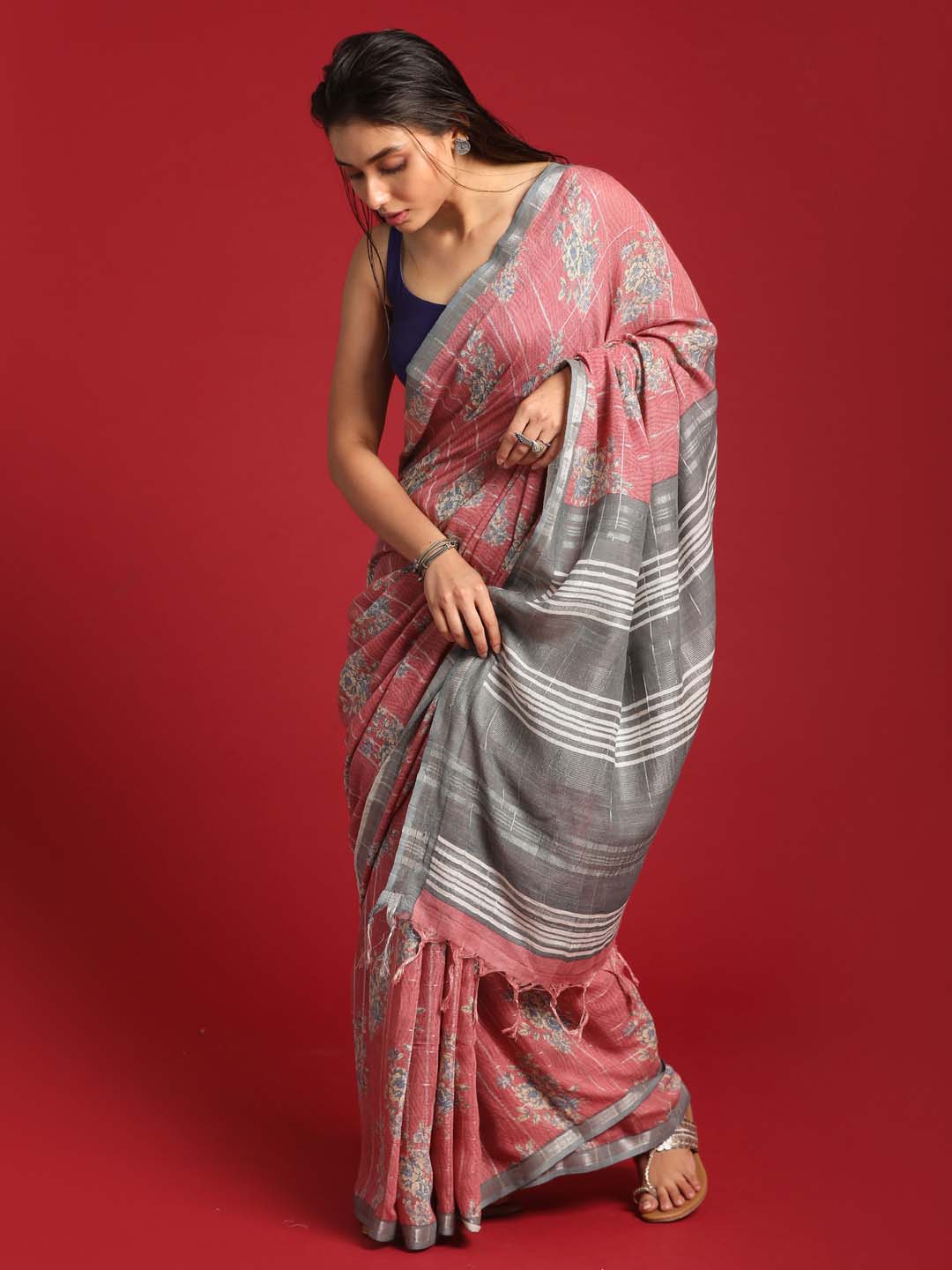 Indethnic Pink Liva Printed Saree - View 3