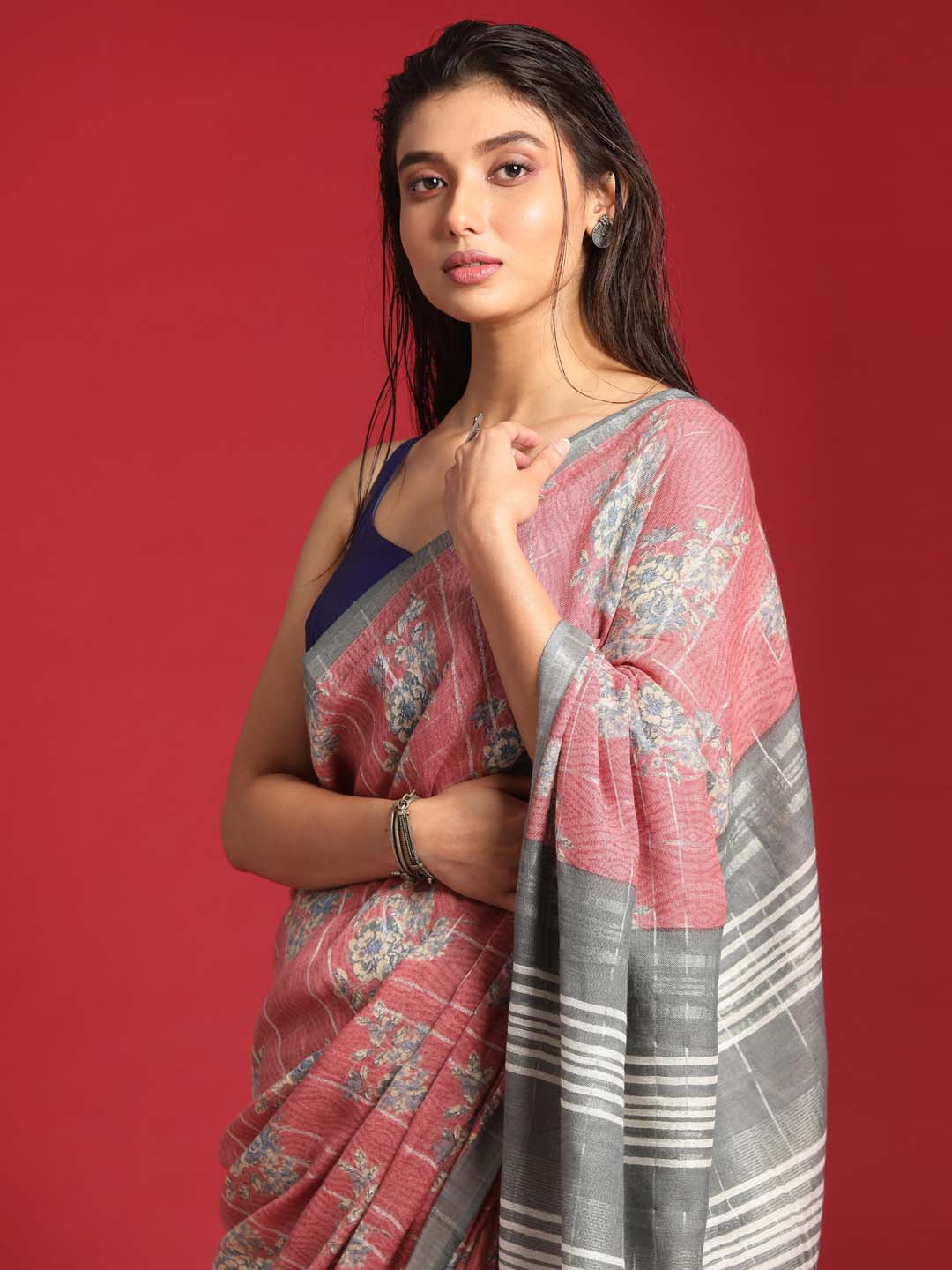 Indethnic Pink Liva Printed Saree - View 1