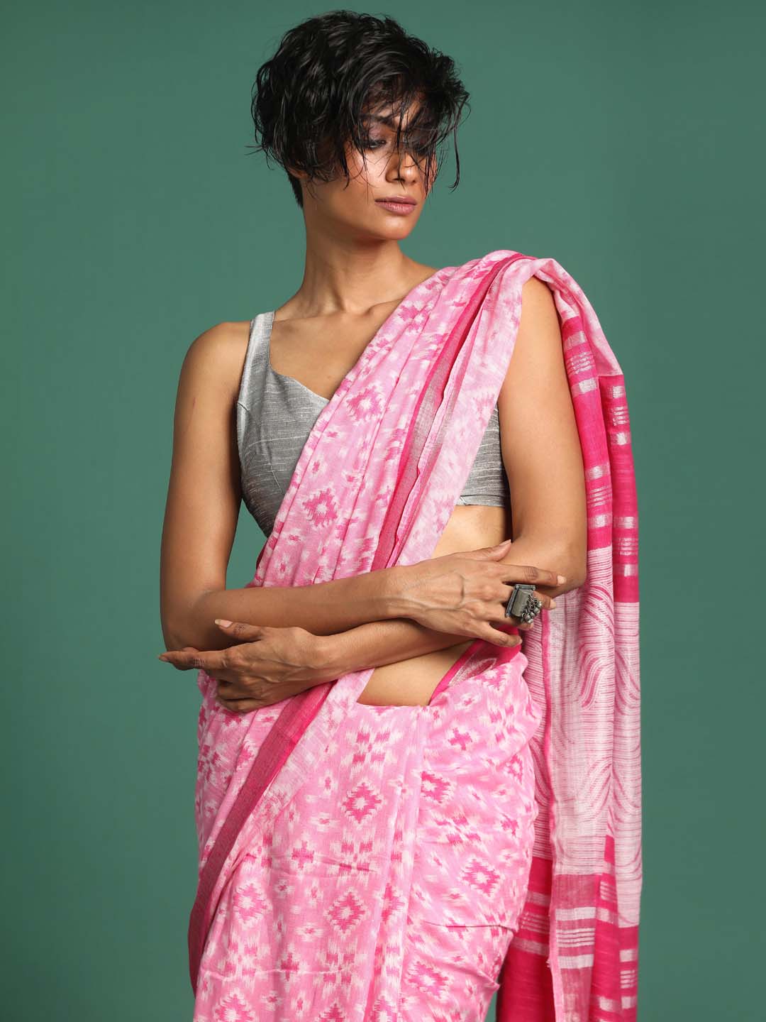 Indethnic Pink Liva Printed Saree - View 1