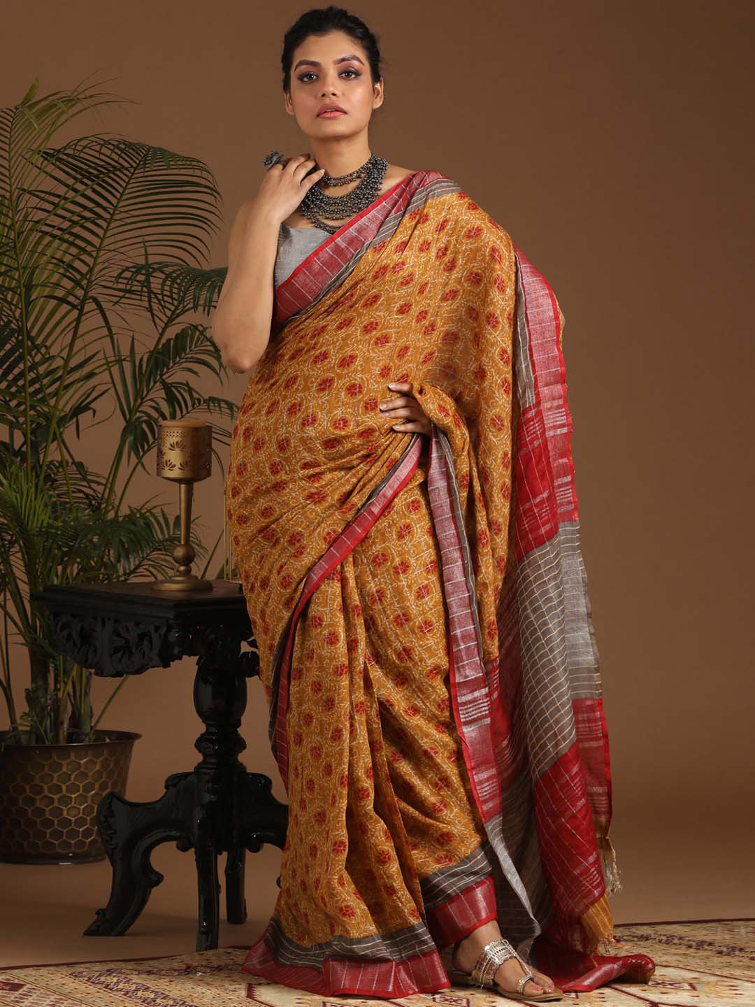 Indethnic Yellow Liva Printed Saree - View 2