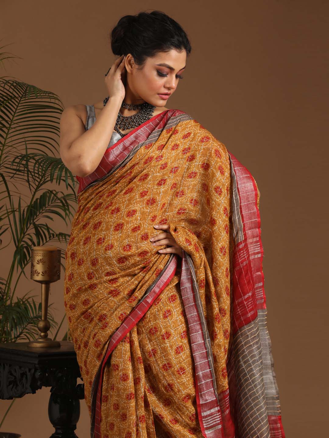 Indethnic Yellow Liva Printed Saree - View 1