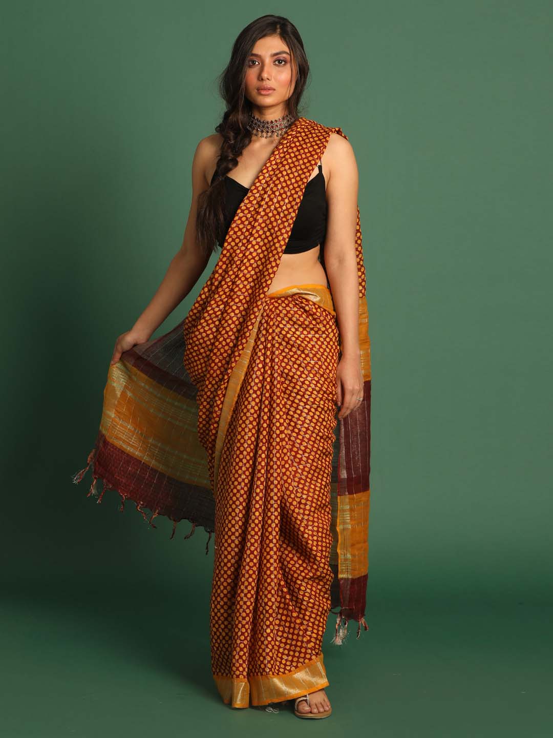 Indethnic Yellow Liva Printed Saree - View 2