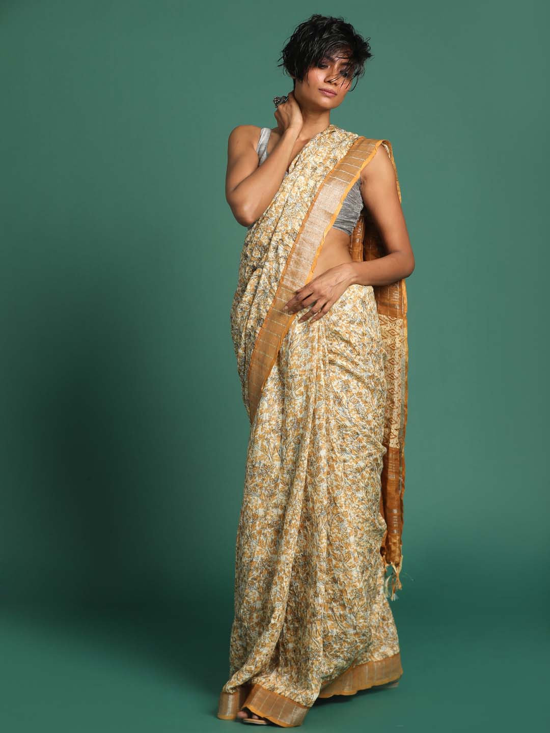 Indethnic Yellow Liva Printed Saree - View 2