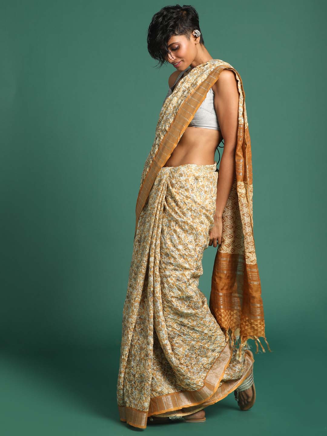 Indethnic Yellow Liva Printed Saree - View 3