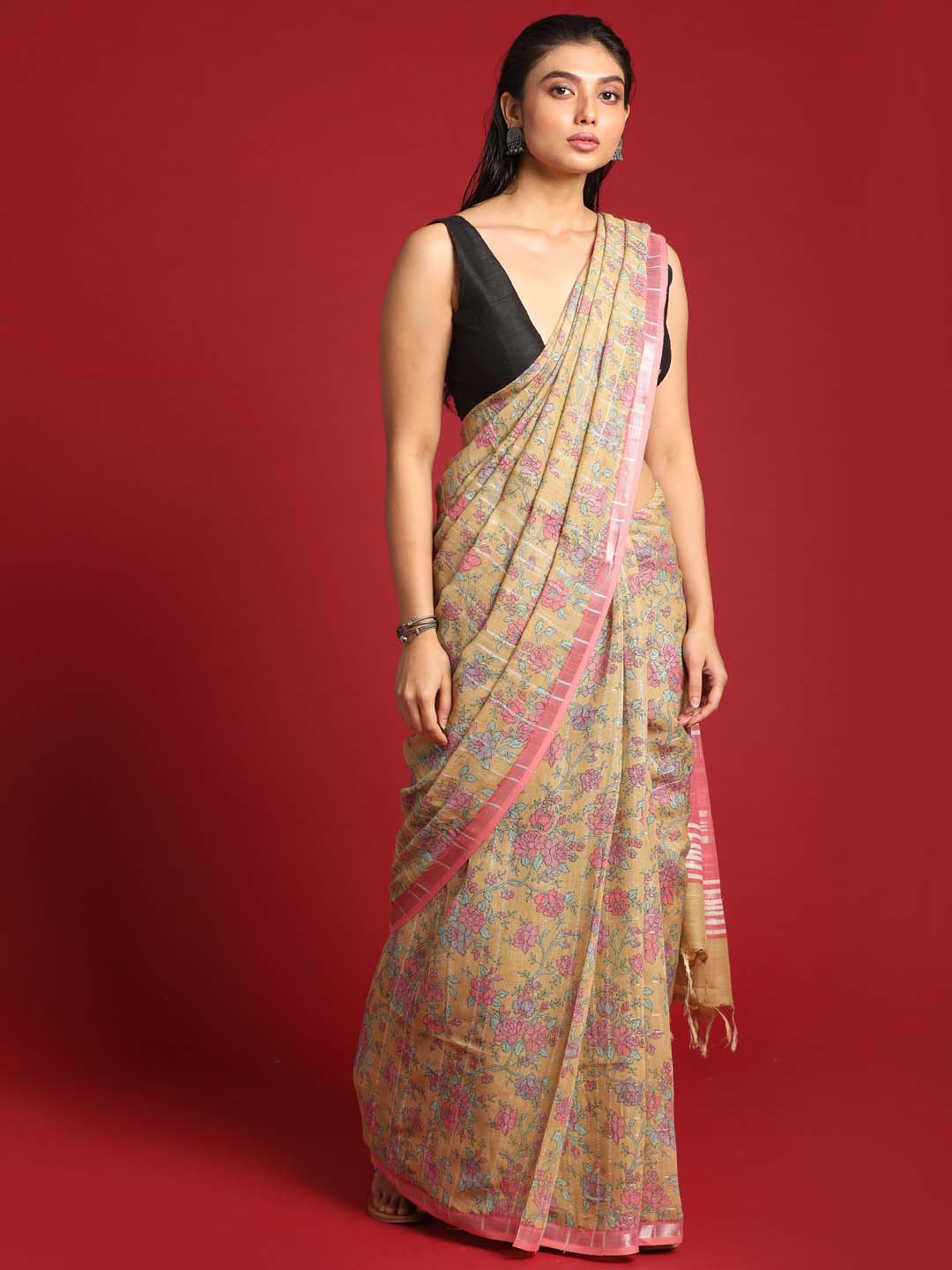 Indethnic Yellow Liva Printed Saree - View 3